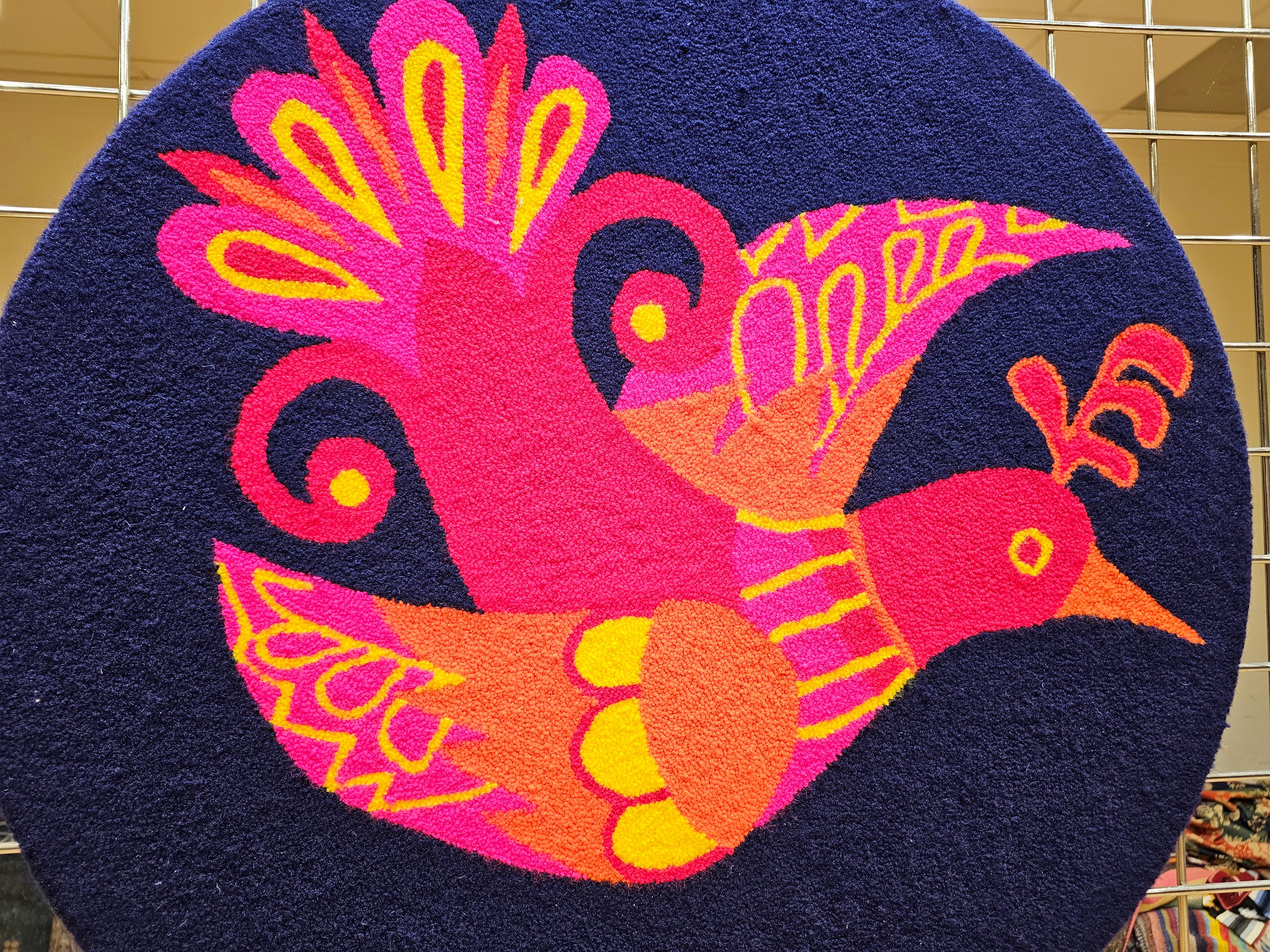 Vintage Mid-Century Hand Tapestry Wall Art in Navy, Red, Yellow, Crimson, Orange In Good Condition For Sale In Barrington, IL