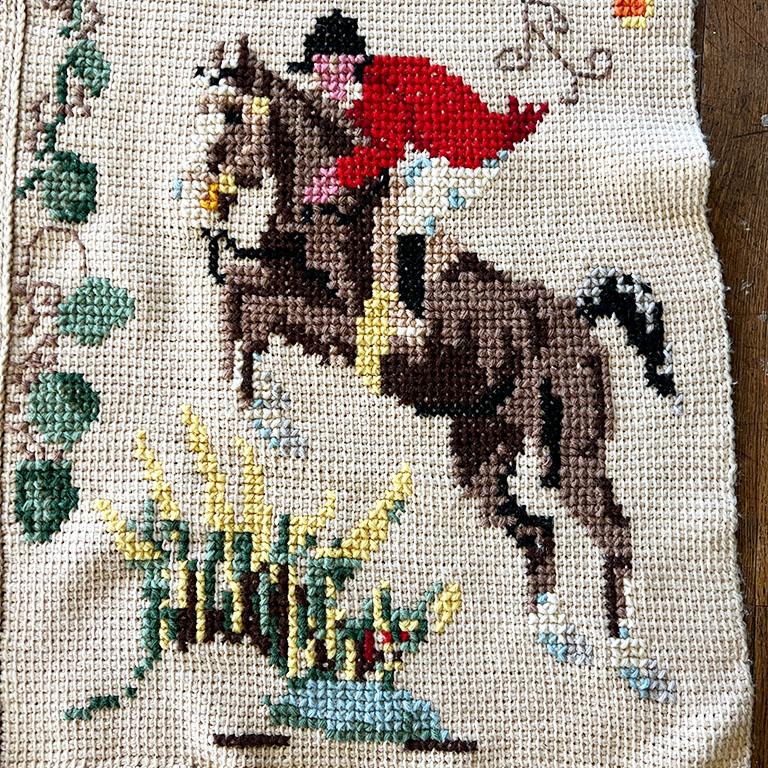 American Classical Vintage Hand Knitted and Embroidered English Hunting Scene Afghan Throw Blanket For Sale