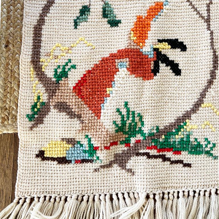 Vintage Hand Knitted and Embroidered English Hunting Scene Afghan Throw Blanket In Good Condition For Sale In Oklahoma City, OK