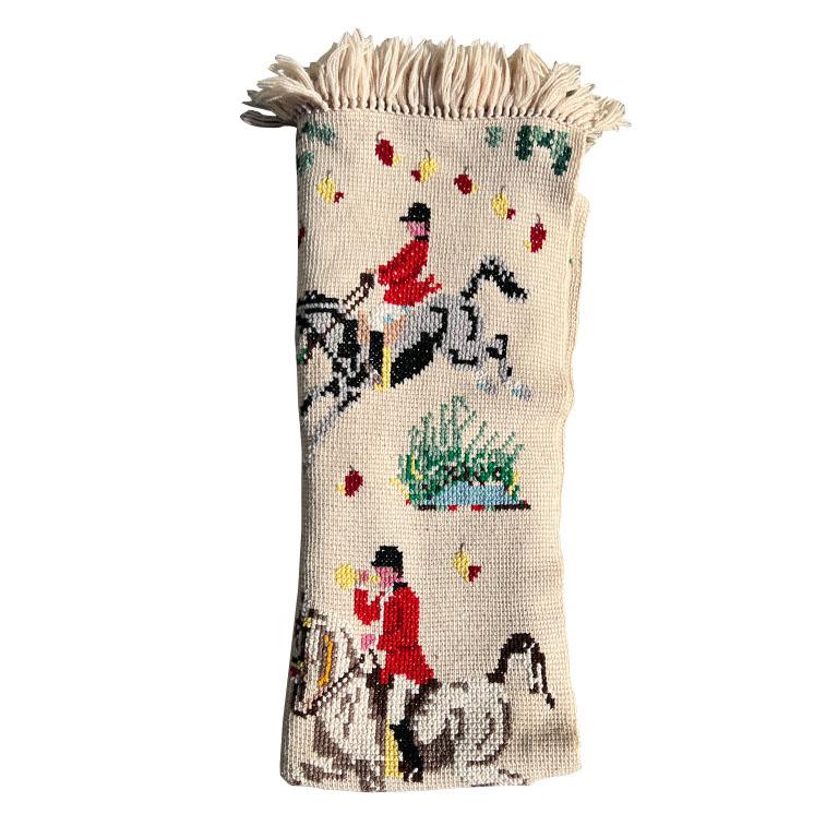 20th Century Vintage Hand Knitted and Embroidered English Hunting Scene Afghan Throw Blanket For Sale