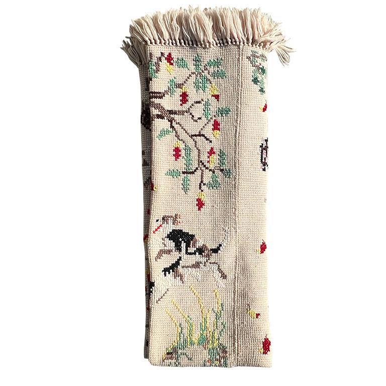 Yarn Vintage Hand Knitted and Embroidered English Hunting Scene Afghan Throw Blanket For Sale