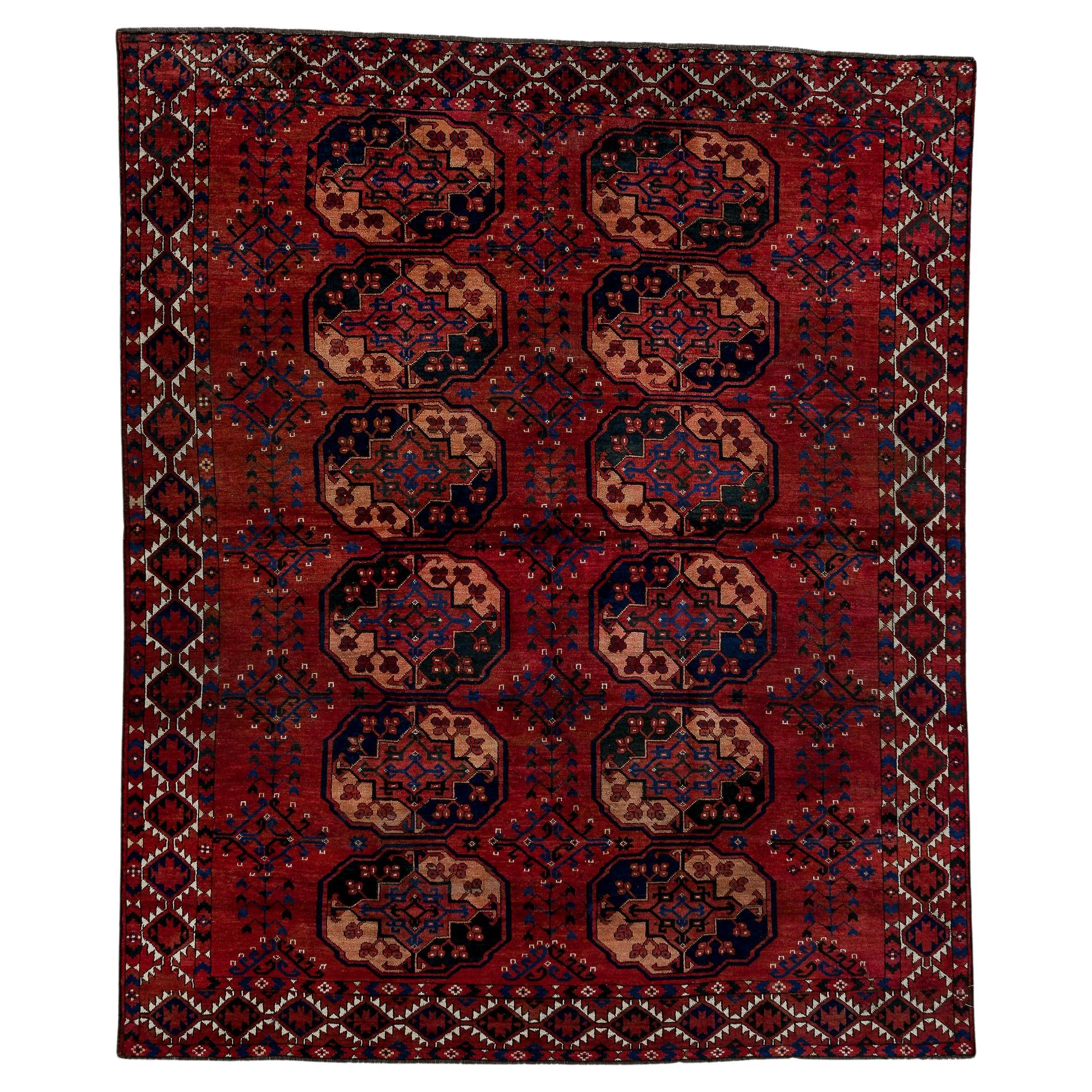 Vintage Hand-Knotted Afghan Rug Repeating Gul Motif Pattern For Sale