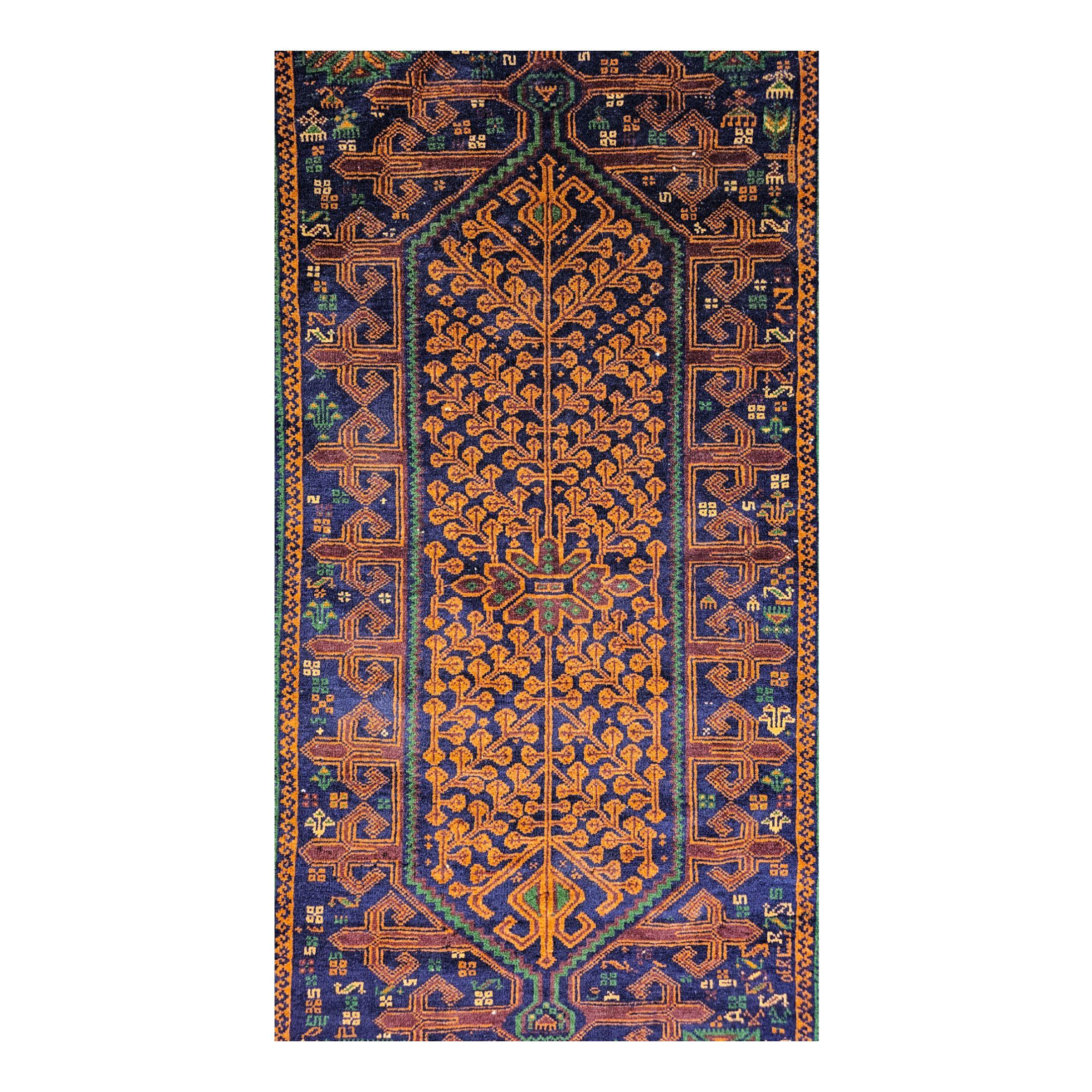 Vintage Hand-Knotted Baluch Rug with golden and navy tones, Afghanistan 1950s For Sale 4