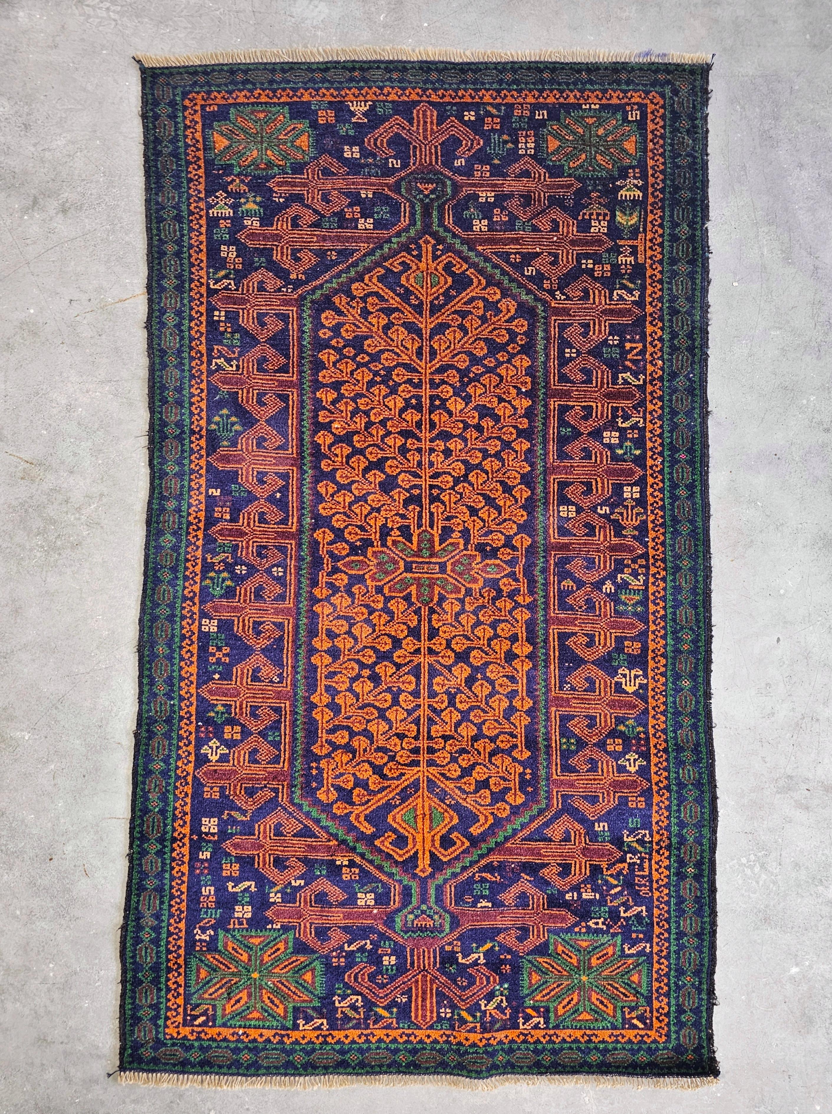 Vintage Hand-Knotted Baluch Rug with golden and navy tones, Afghanistan 1950s For Sale 3