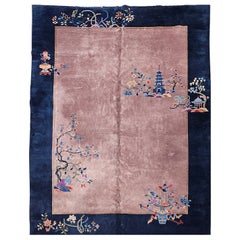 Vintage Hand-Knotted Chinese Art Deco Rug, Wool Pagoda Floral Motif, 9' x 12'