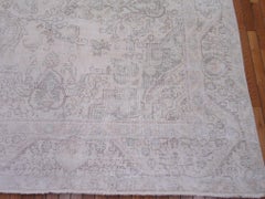 Vintage Hand Knotted Distressed Wool Ivory, Green and Red Persian Tabriz Rug