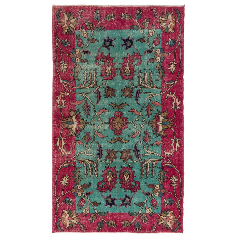 Vintage Hand Knotted Floral Turkish Rug In Red And Teal Sea Green Colors For Sale At 1stdibs