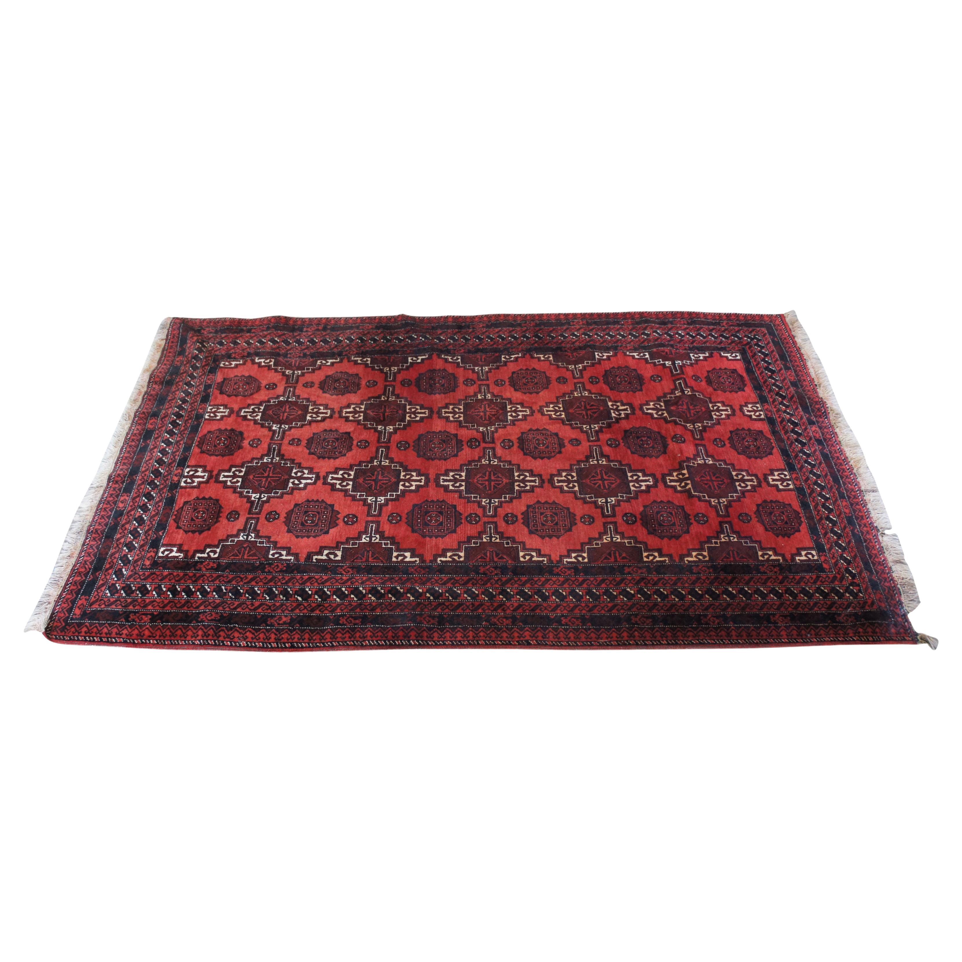 Vintage Hand Knotted Geometric Wool Red Area Rug 4'4" x 8' For Sale