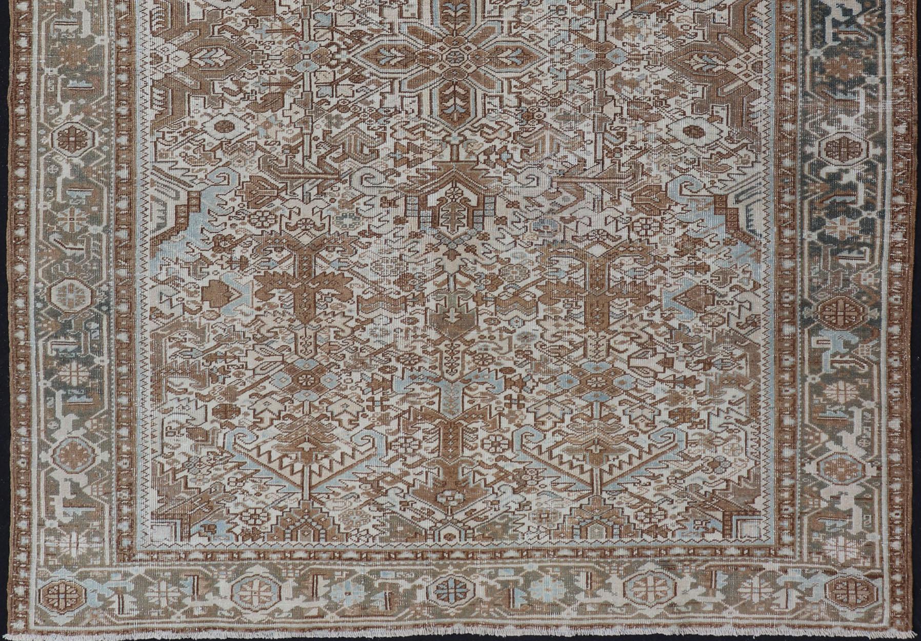 Persian Vintage Hand-Knotted Heriz Rug with Sub-Geometric Design in Natural Tones For Sale