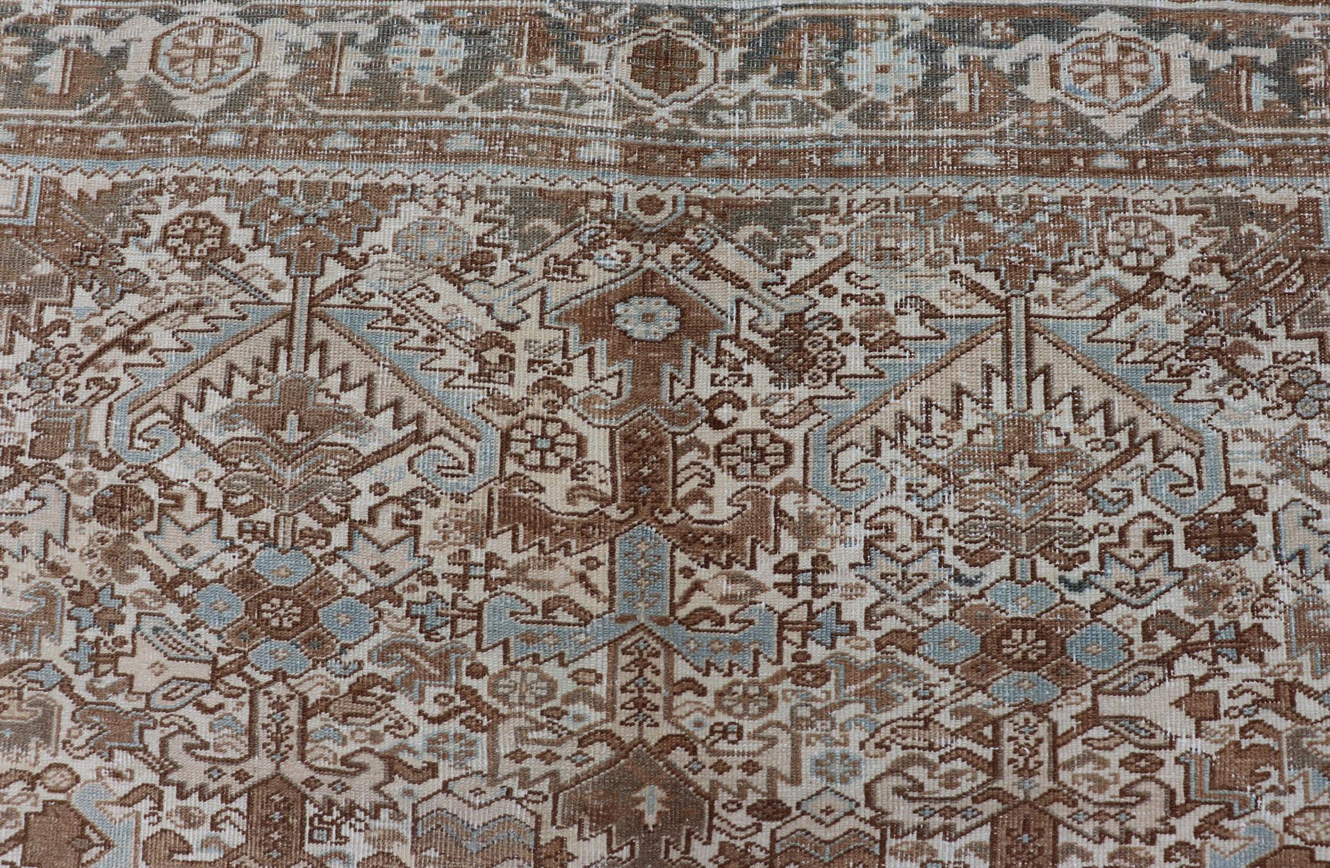 Wool Vintage Hand-Knotted Heriz Rug with Sub-Geometric Design in Natural Tones For Sale