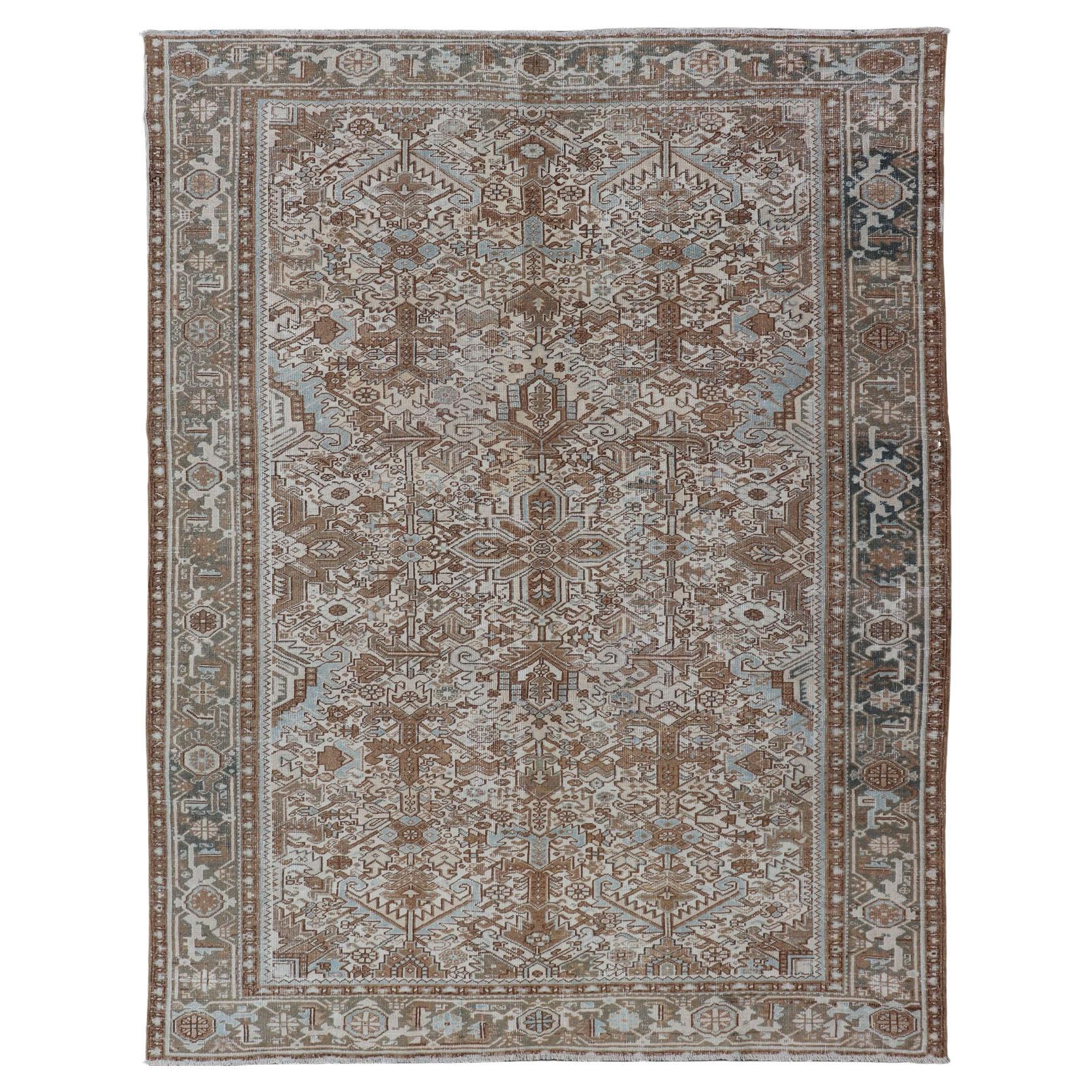 Vintage Hand-Knotted Heriz Rug with Sub-Geometric Design in Natural Tones For Sale