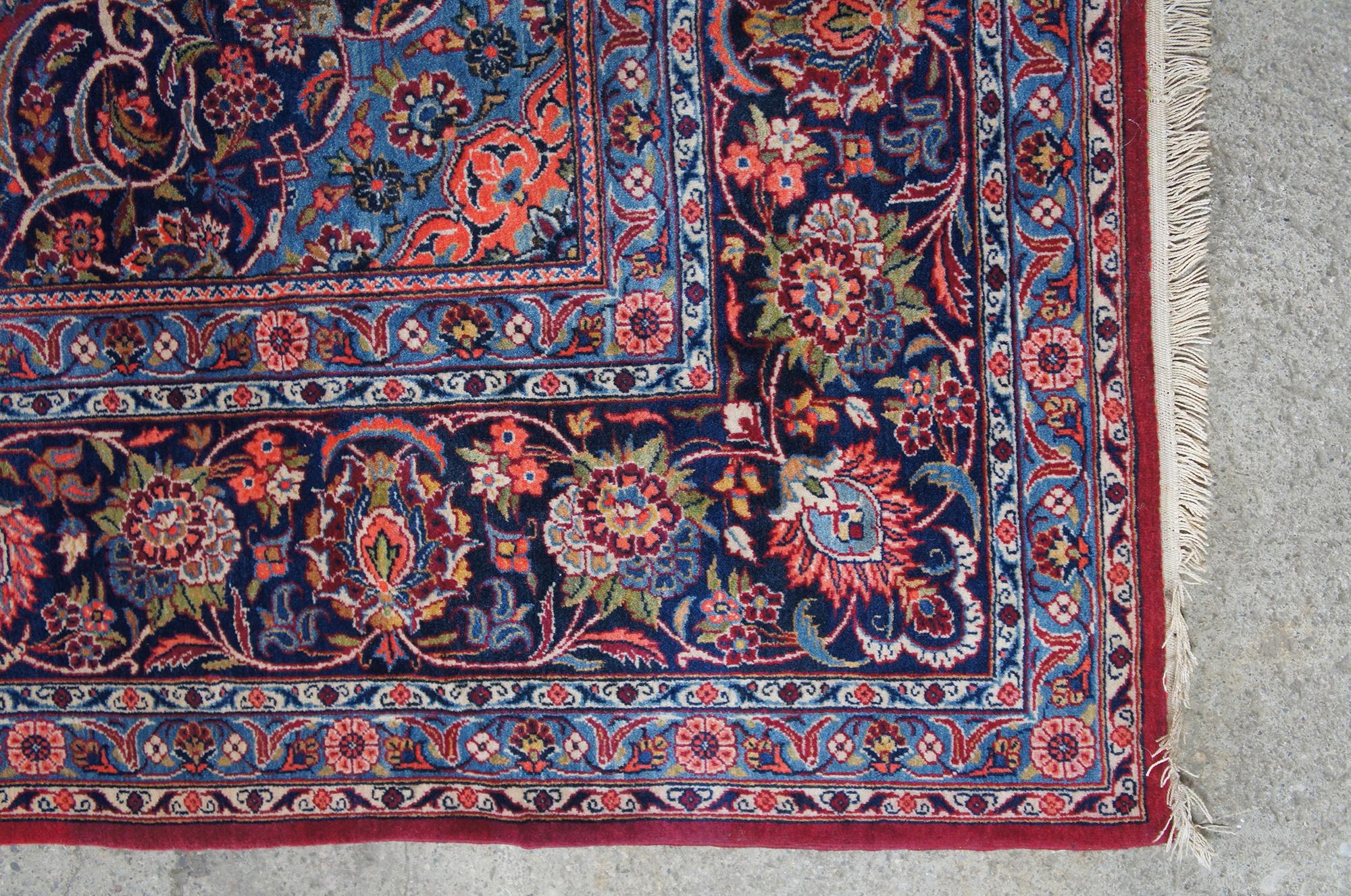 Wool Vintage Hand Knotted Kashan Floral Medallion Area Rug Carpet, Persian