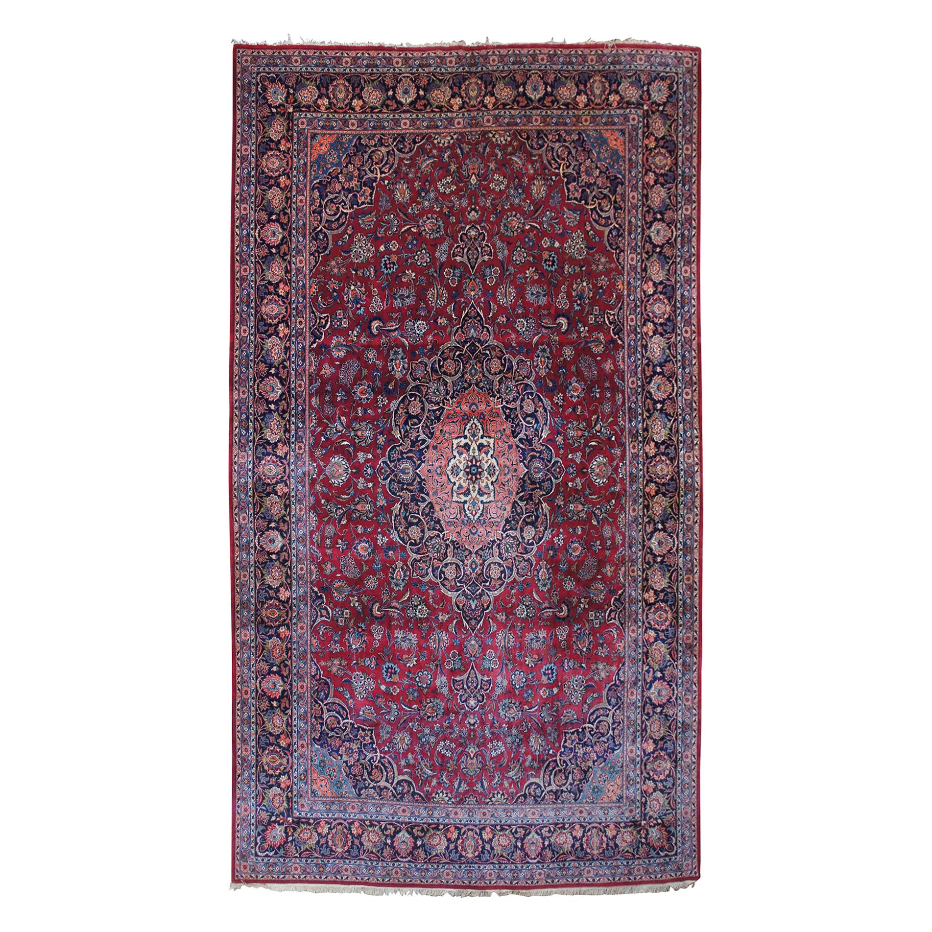 Vintage Hand Knotted Kashan Floral Medallion Area Rug Carpet, Persian