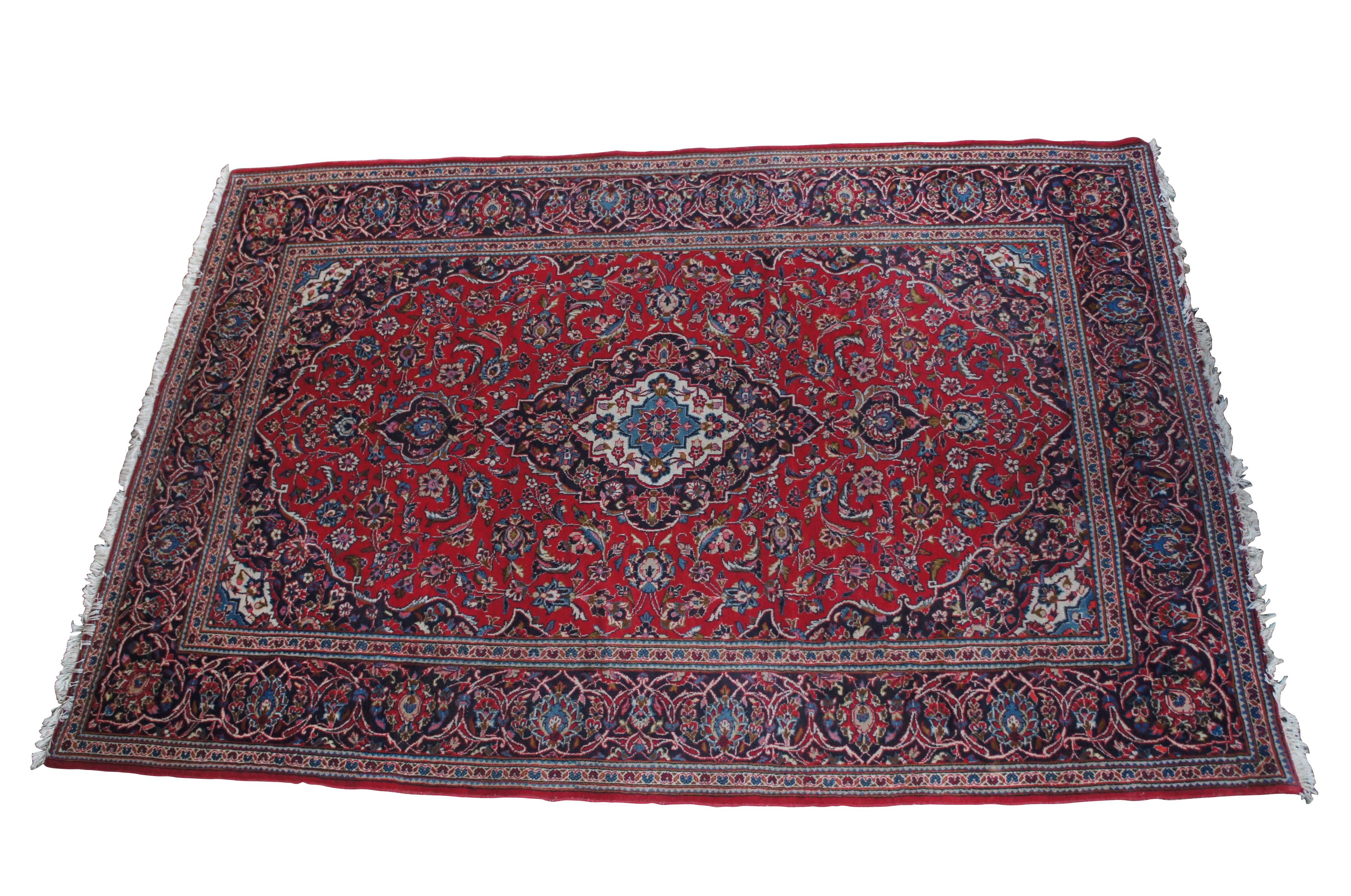 Hand-Knotted Vintage Hand Knotted Kashan Persian Blue & Red Wool Area Rug Carpet 6.5' x 10' For Sale