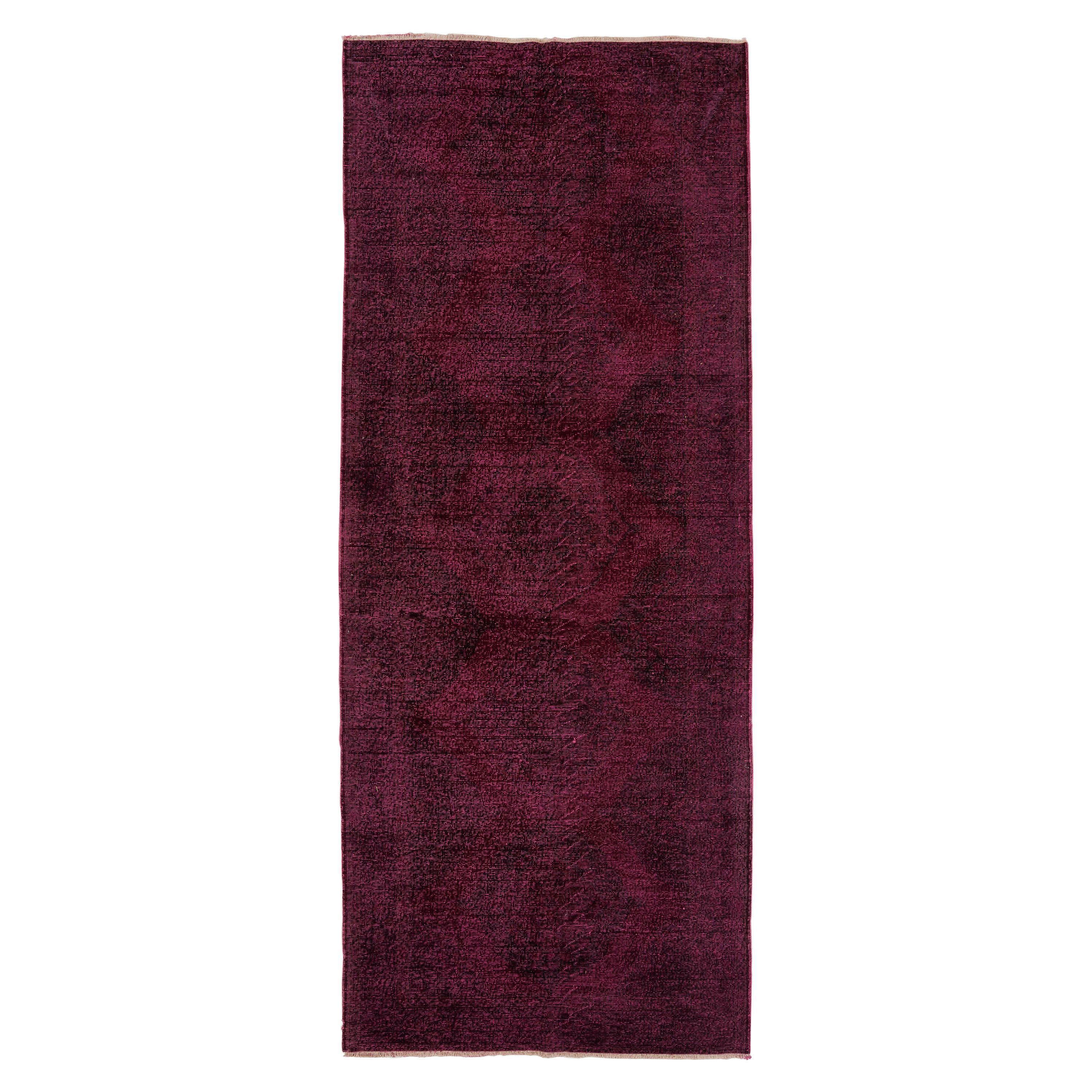 5x12.2 Ft Vintage Handmade Turkish Runner Rug Over-dyed in Maroon For Sale