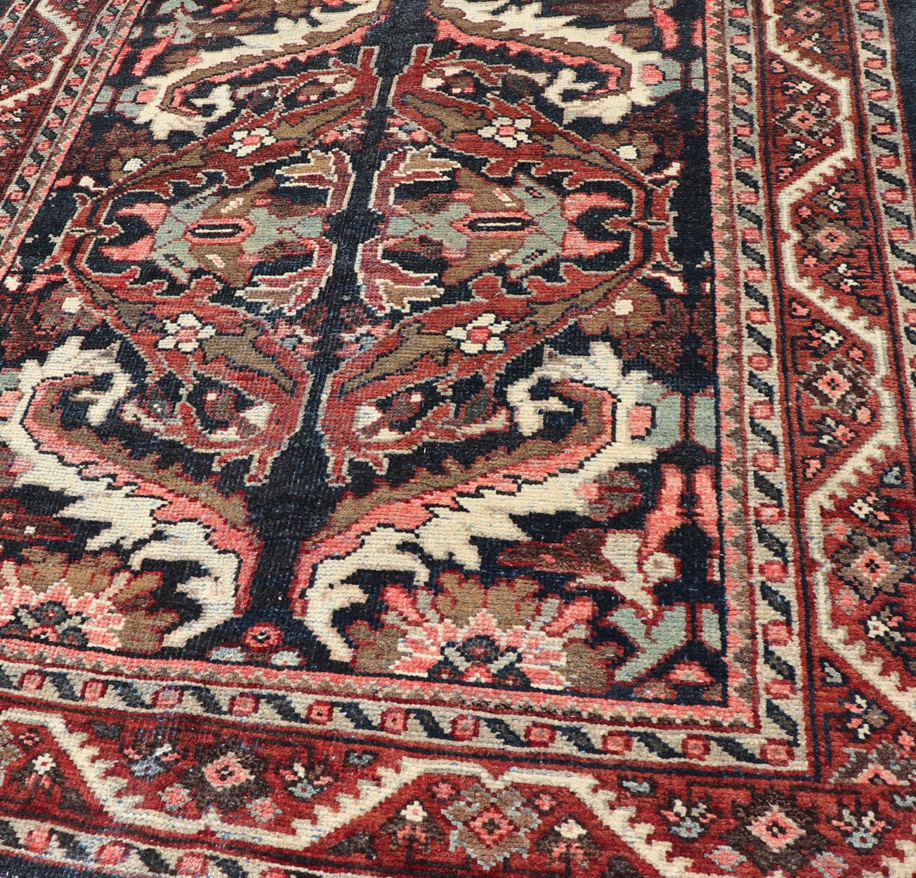 Persian Vintage Hand Knotted Mahal Gallery Rug with Ornate Medallions on a Navy Field For Sale