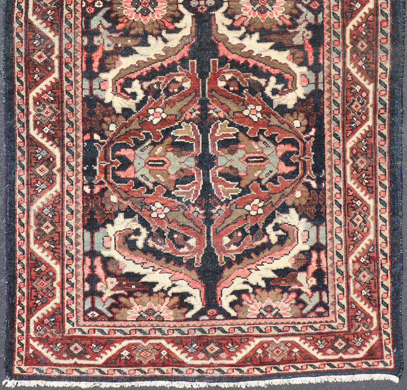 20th Century Vintage Hand Knotted Mahal Gallery Rug with Ornate Medallions on a Navy Field For Sale