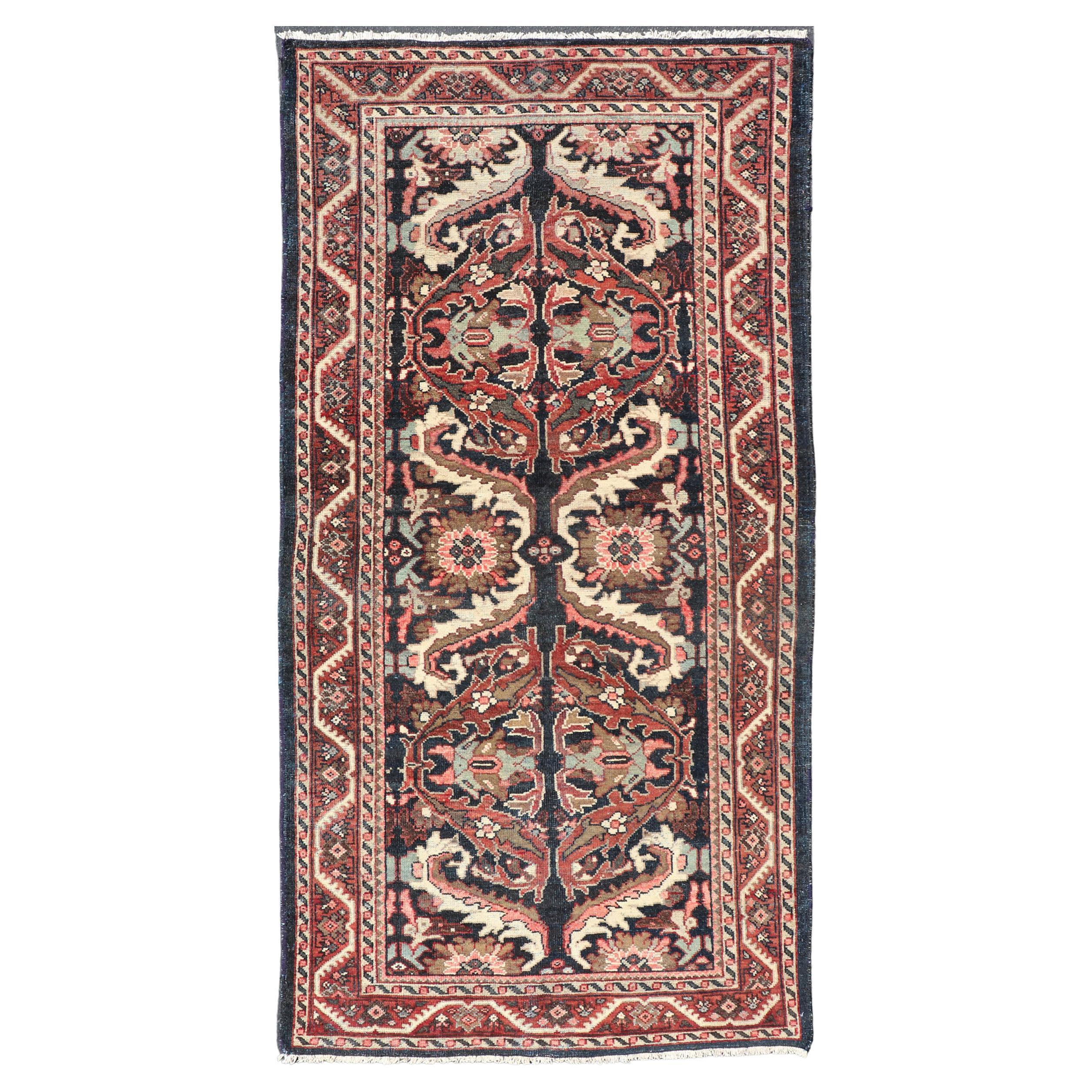 Vintage Hand Knotted Mahal Gallery Rug with Ornate Medallions on a Navy Field For Sale