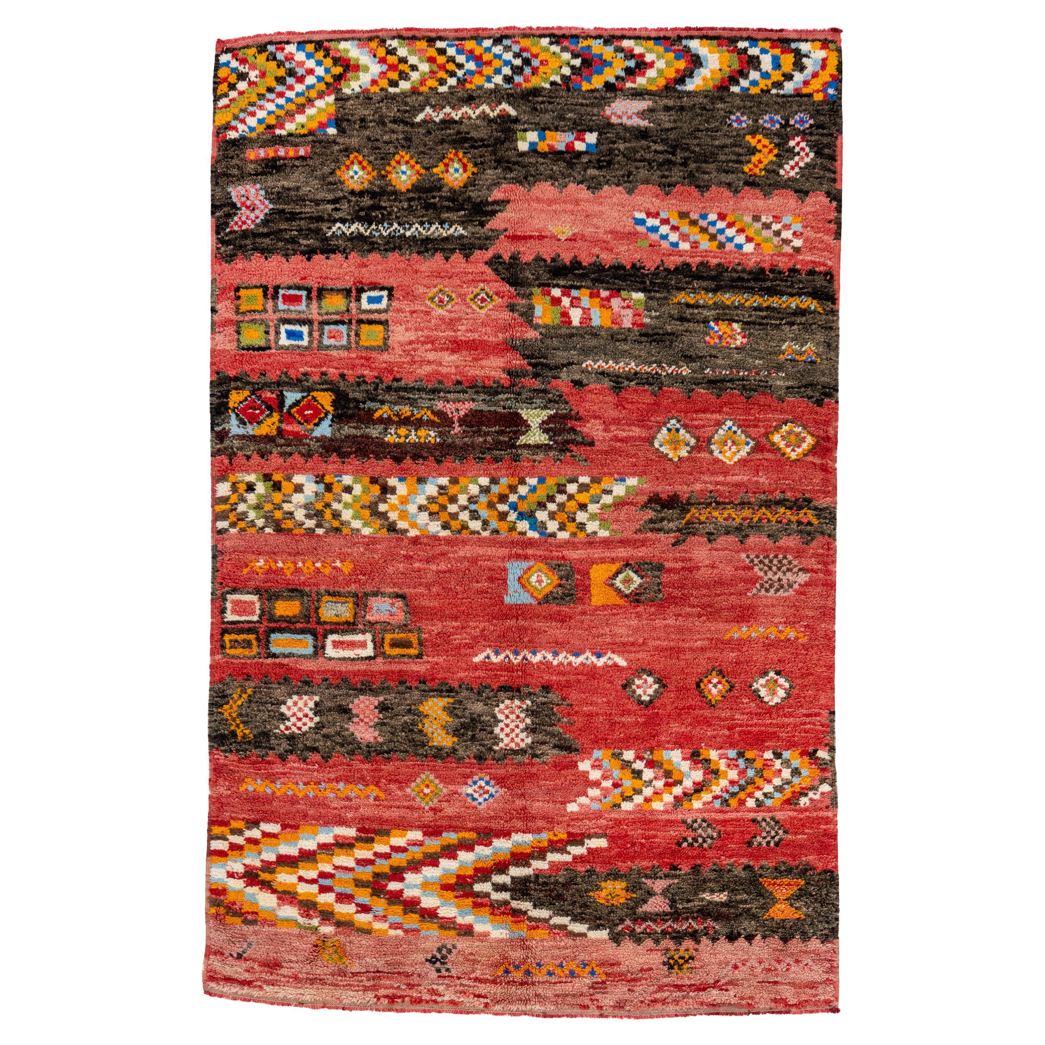 Vintage Hand-Knotted Moroccan Rug Abstract Tribal Motifs