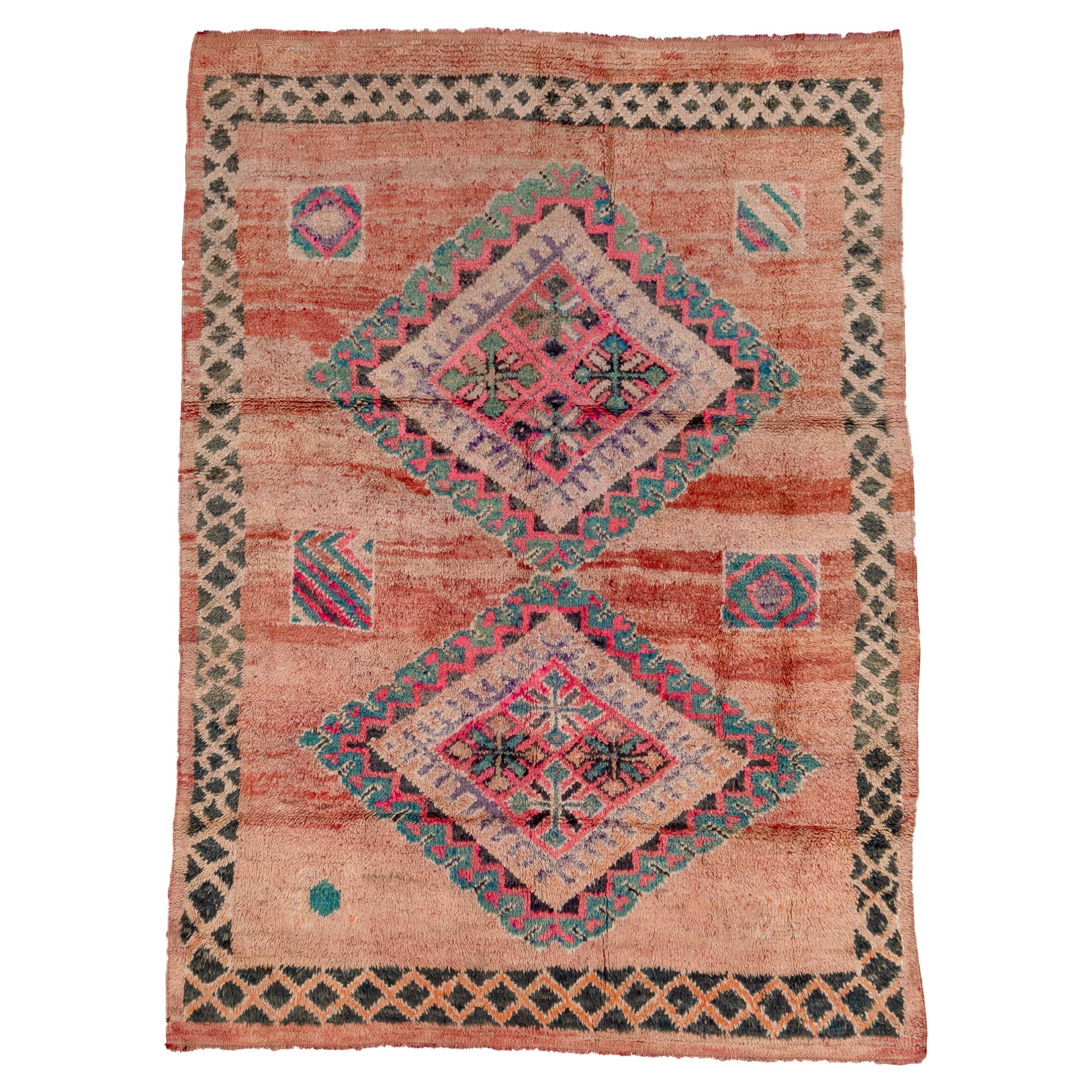 Vintage Handgeknüpfter Marokkanischer Teppich Pink Tribal Diamanten