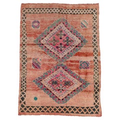 Vintage Hand-Knotted Moroccan Rug Pink Tribal Diamonds