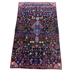 Vintage Hand Knotted Navy and Pink Turkish Wool Accent Rug 7.1 x 4.5