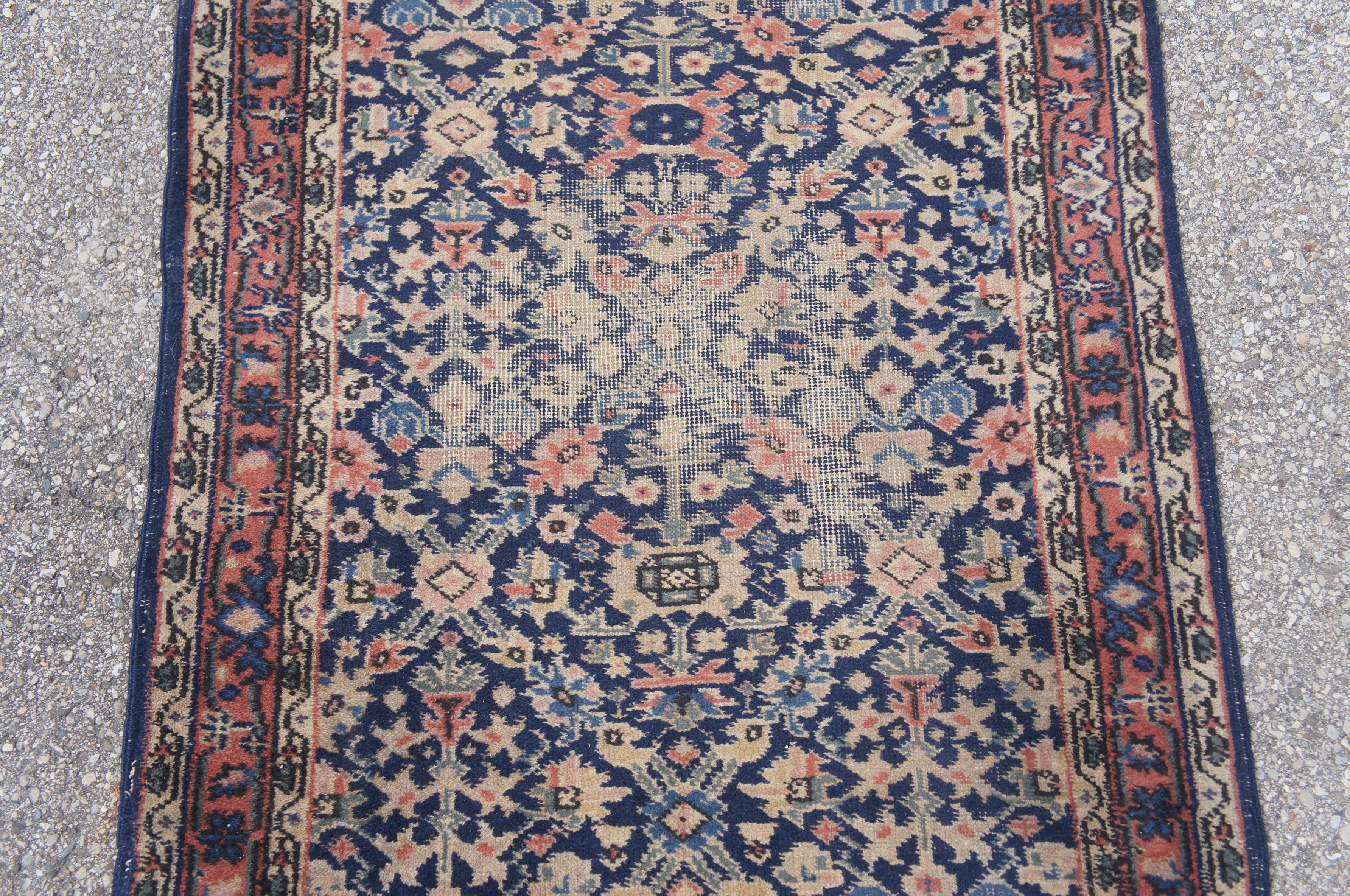 Vintage Hand Knotted Persian Geometric Red & Blue Wool Rug Runner Carpet 3 x 9' In Good Condition For Sale In Dayton, OH