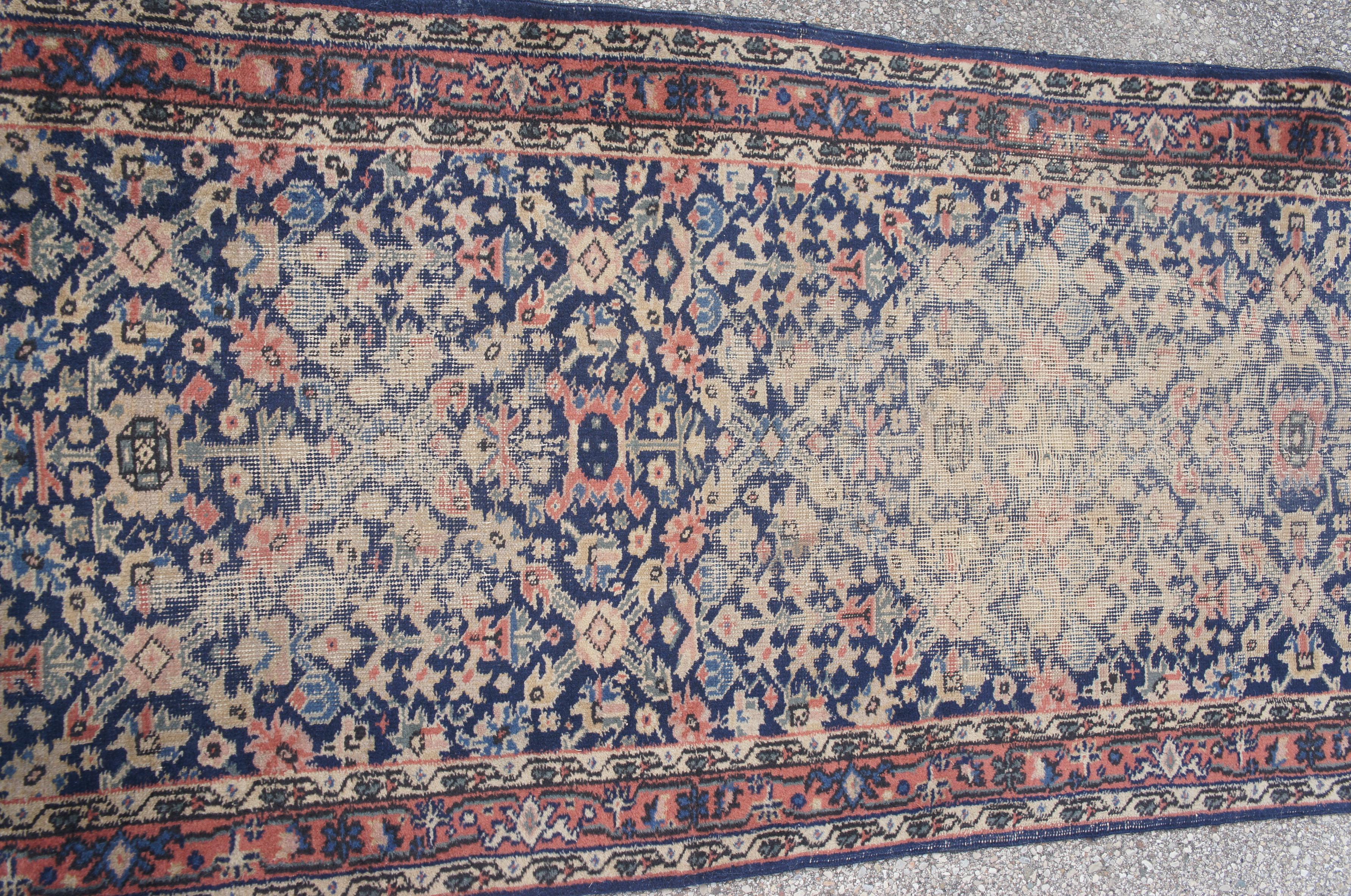 20th Century Vintage Hand Knotted Persian Geometric Red & Blue Wool Rug Runner Carpet 3 x 9' For Sale