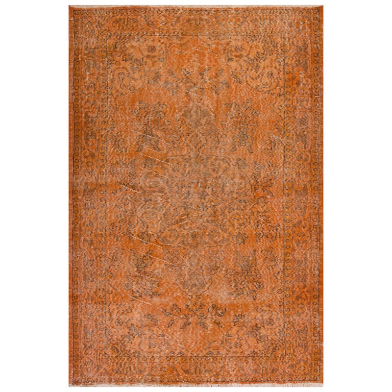 4x7.4 Ft Home Decor Vintage Hand Knotted Oriental Rug Overdyed in Burnt Orange For Sale