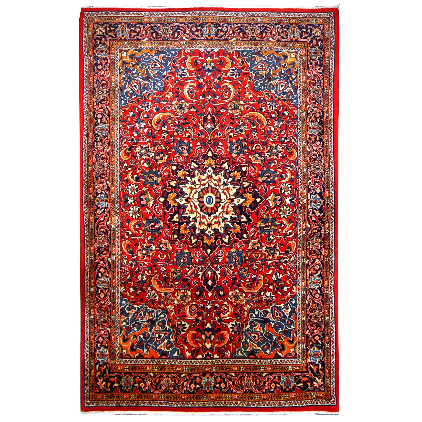 Vintage Hand-Knotted Oriental Rug Red and Blue