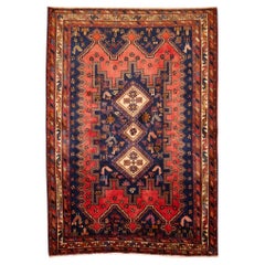 Vintage Hand-Knotted Oriental Rug Red and Blue Tribal Design