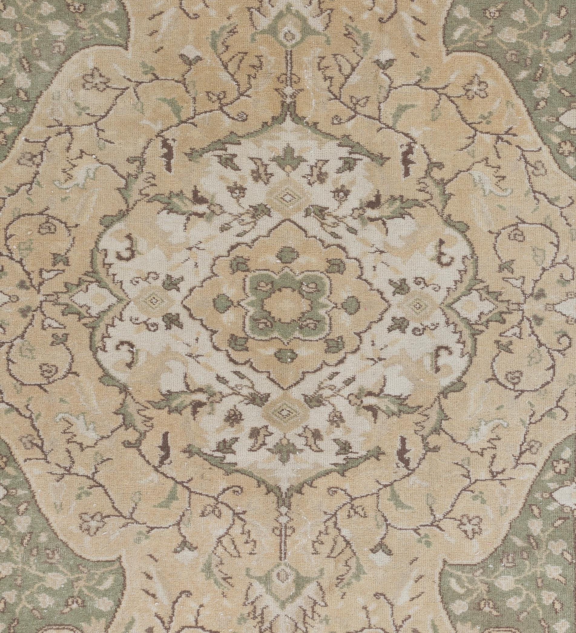 Wool 6.4x10 Ft Vintage Hand-Knotted Oushak Area Rug in Beige & Green For Sale