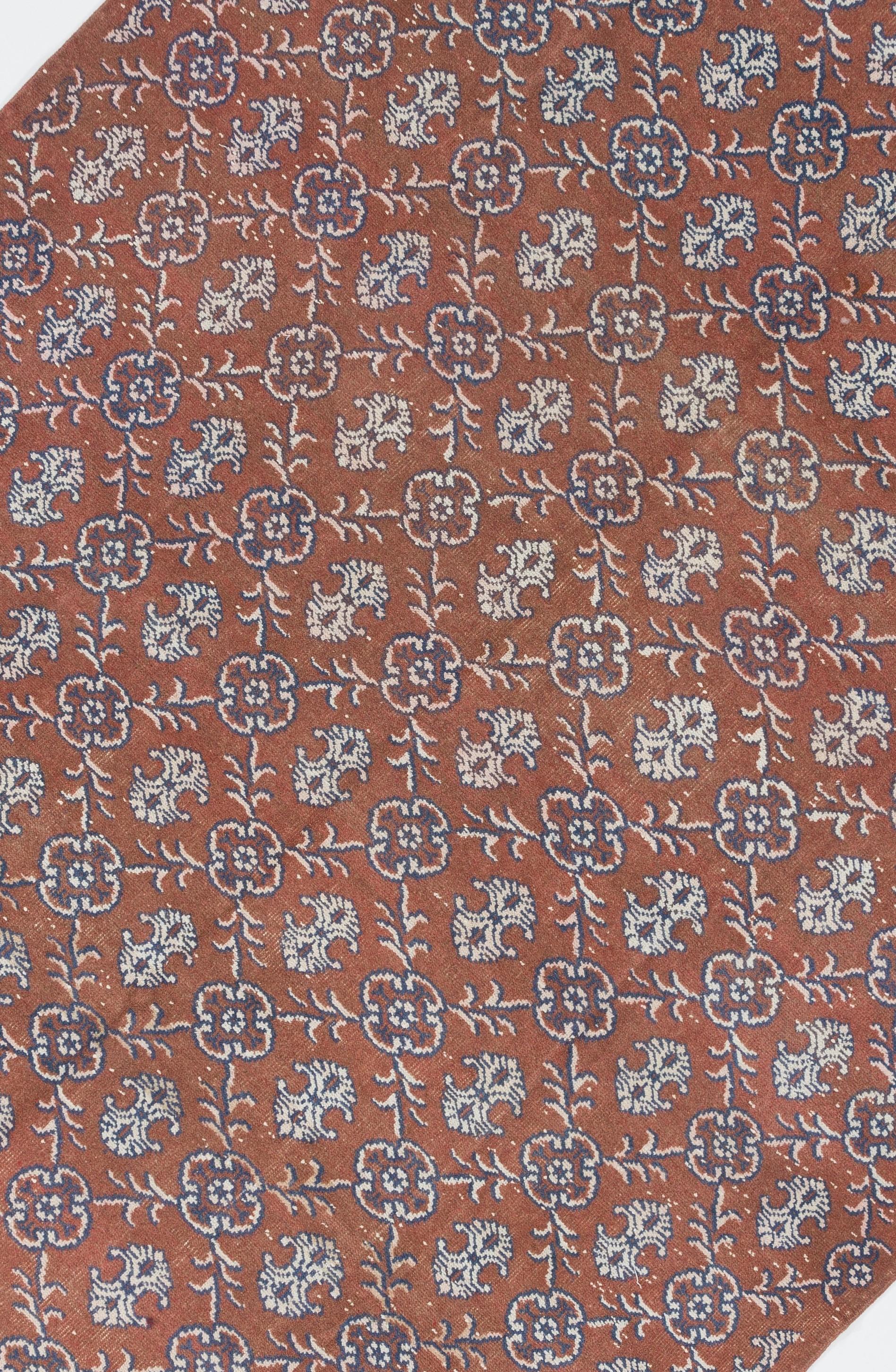 Vintage Hand Knotted Oushak Rug in Red and Blue with Wool Pile In Good Condition For Sale In Philadelphia, PA