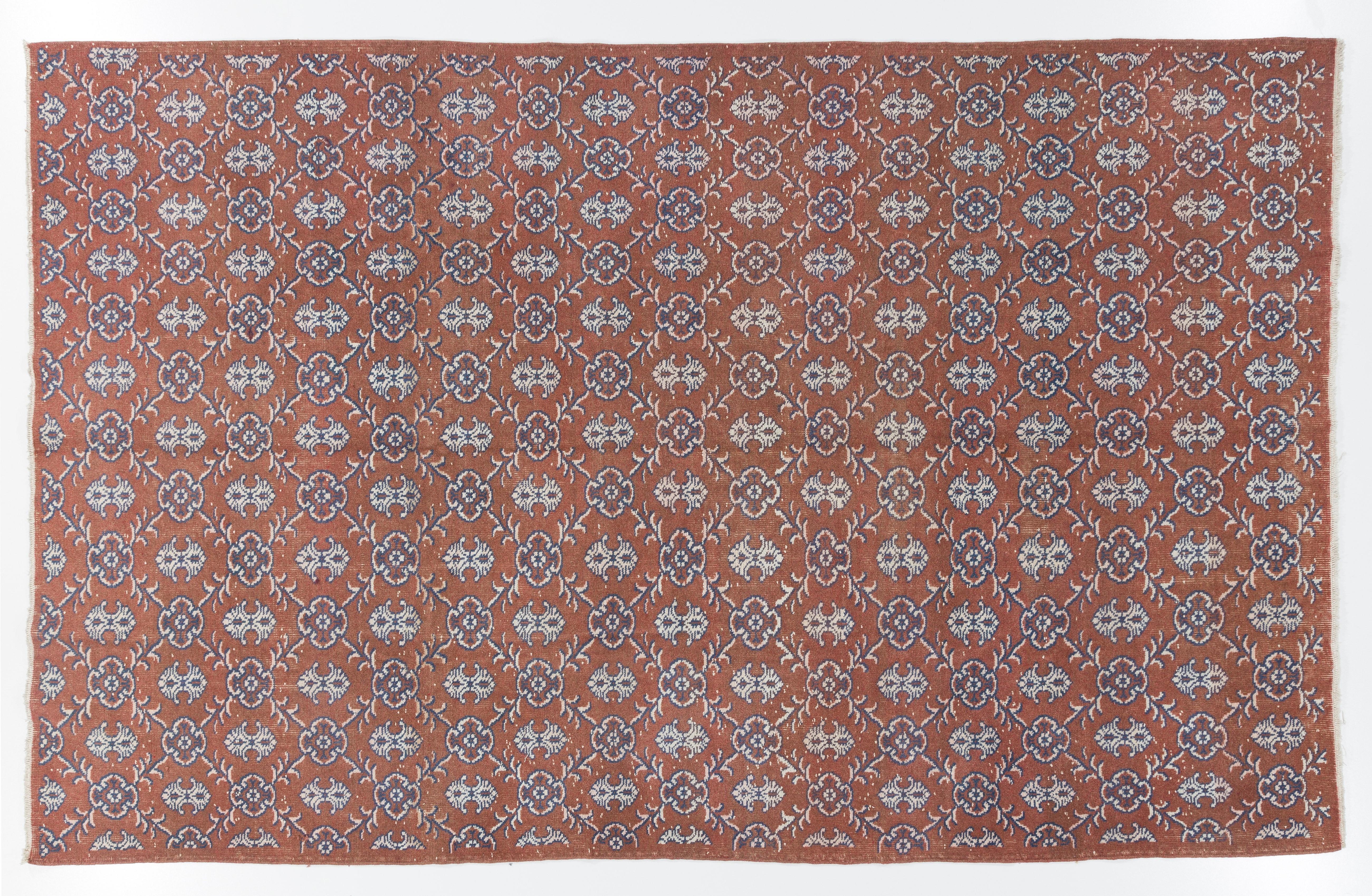 Mid-20th Century Vintage Hand Knotted Oushak Rug in Red and Blue with Wool Pile For Sale