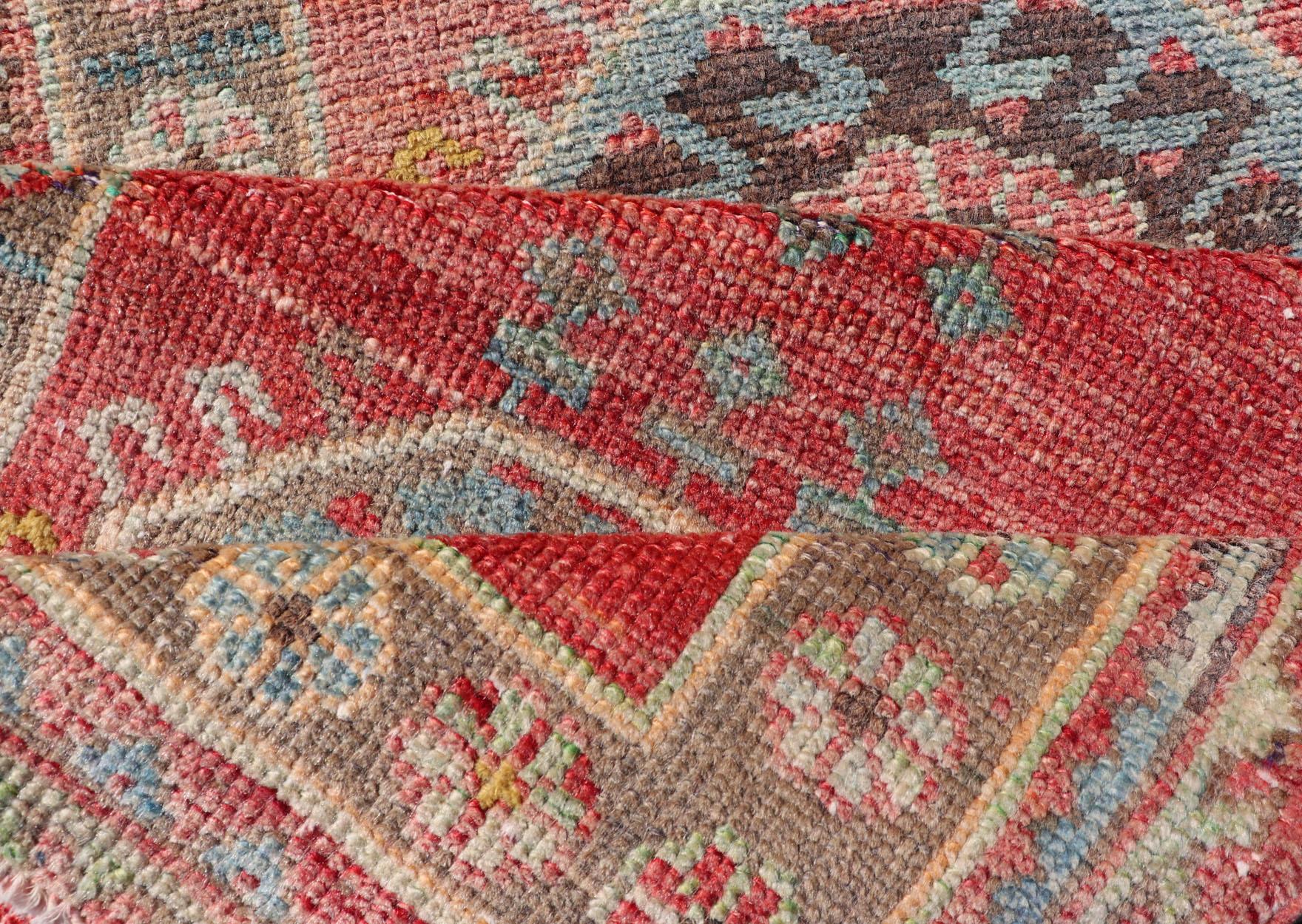 Vintage Hand Knotted Oushak Turkish Runner with Geometric Medallion Design For Sale 4