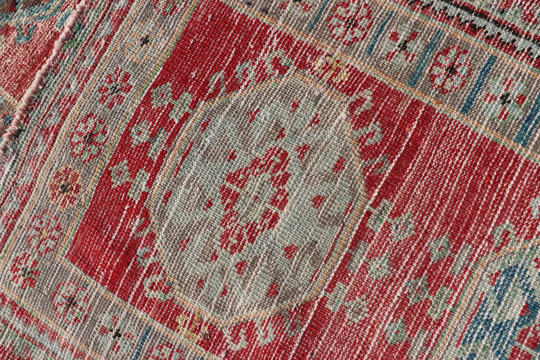 Vintage Hand Knotted Oushak Turkish Runner with Geometric Medallion Design For Sale 5