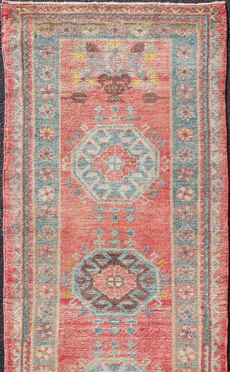 Hand-Knotted Vintage Hand Knotted Oushak Turkish Runner with Geometric Medallion Design For Sale