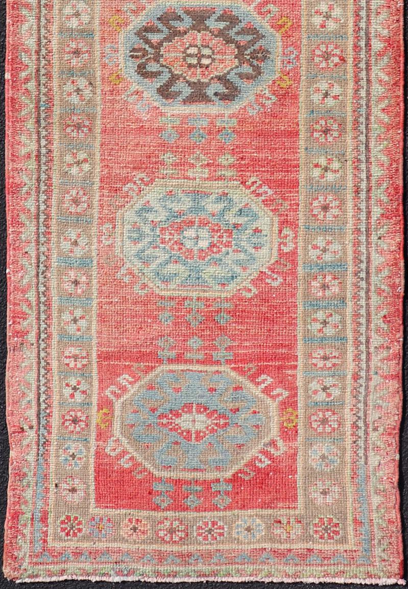 20th Century Vintage Hand Knotted Oushak Turkish Runner with Geometric Medallion Design For Sale