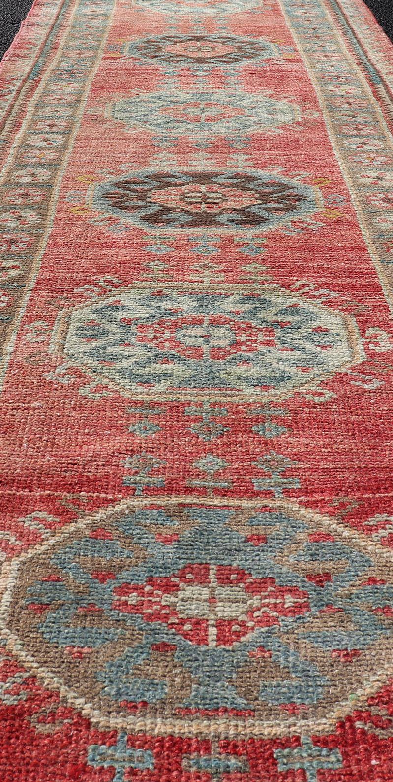 Vintage Hand Knotted Oushak Turkish Runner with Geometric Medallion Design For Sale 1