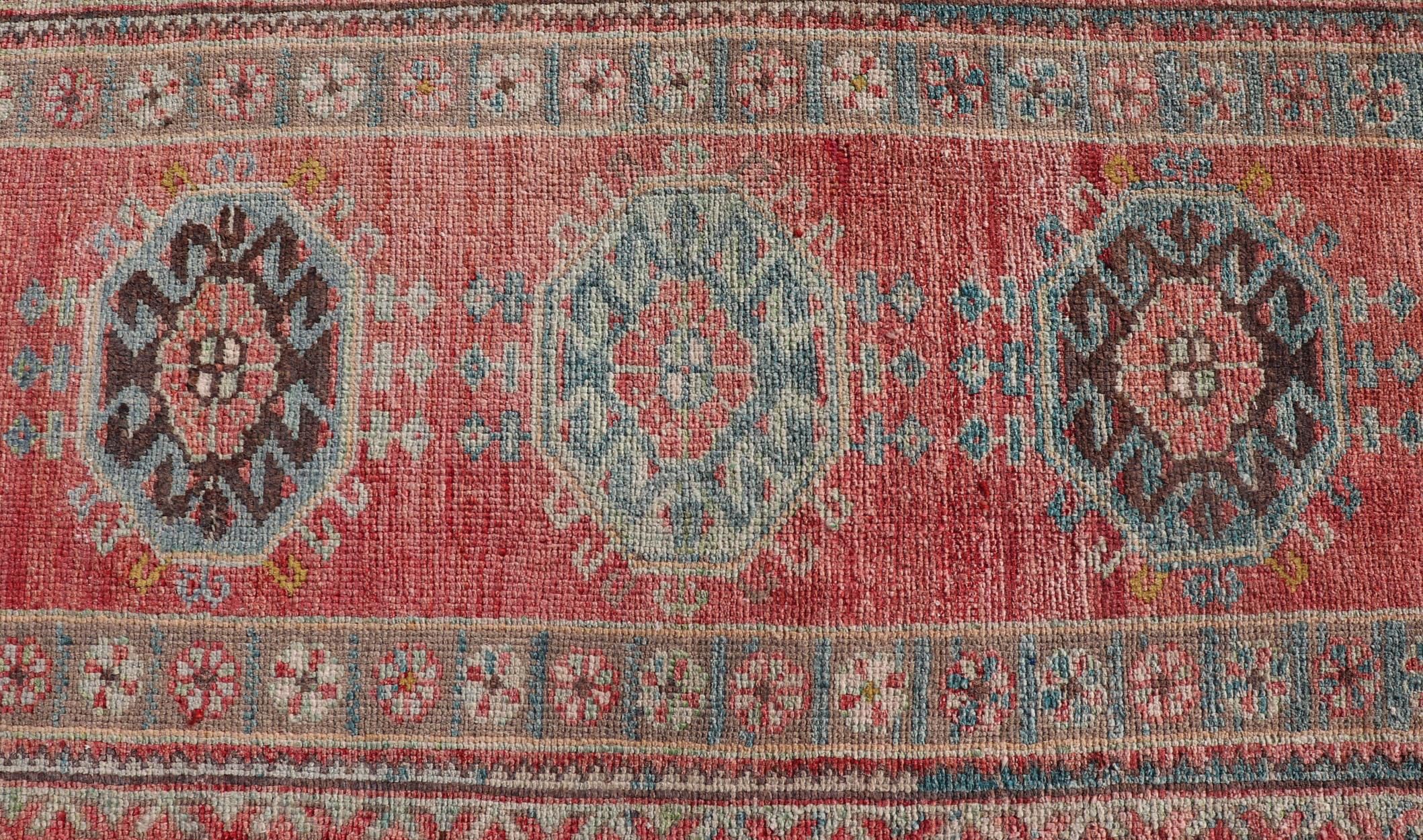 Vintage Hand Knotted Oushak Turkish Runner with Geometric Medallion Design For Sale 2