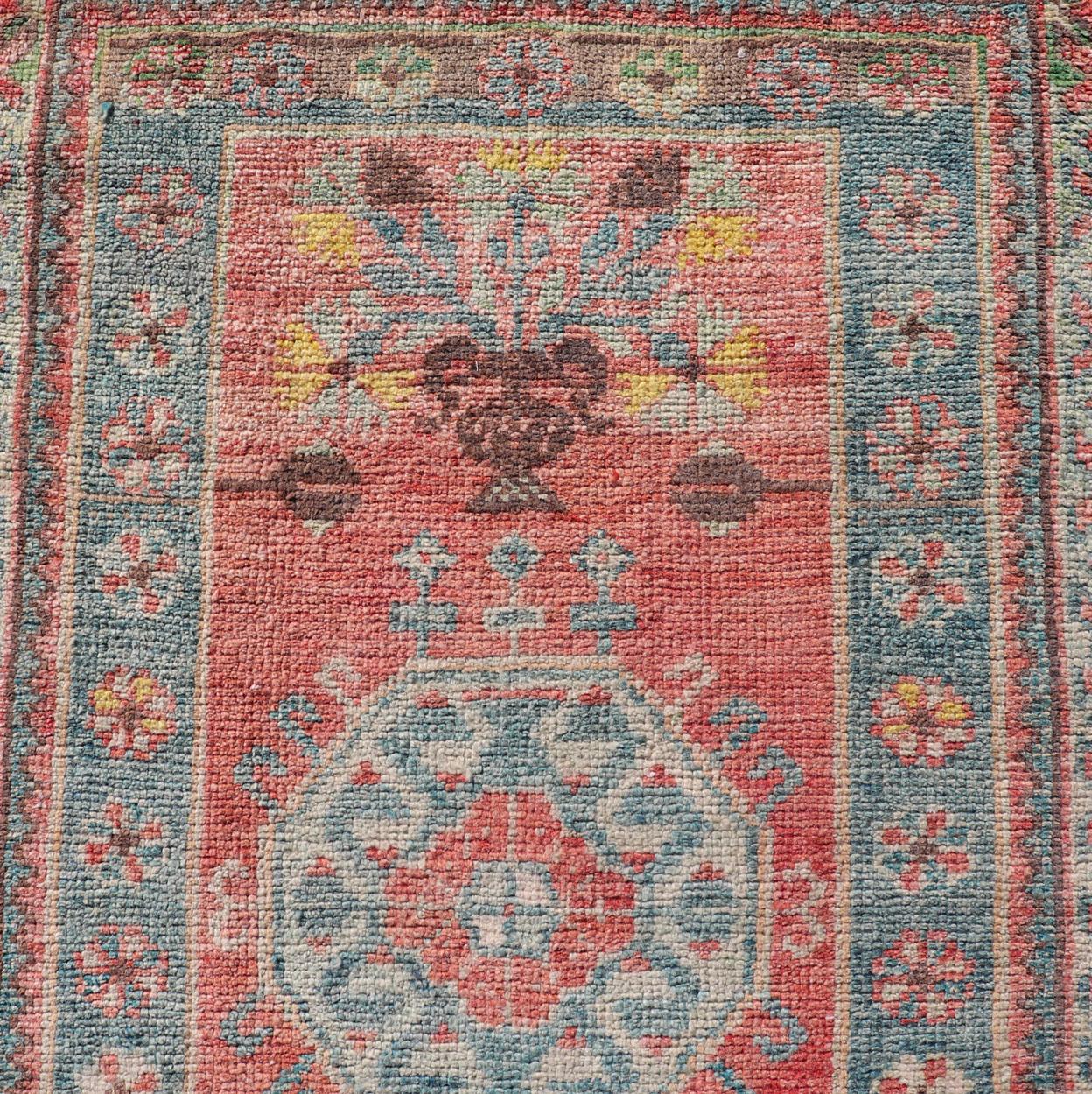 Vintage Hand Knotted Oushak Turkish Runner with Geometric Medallion Design For Sale 3