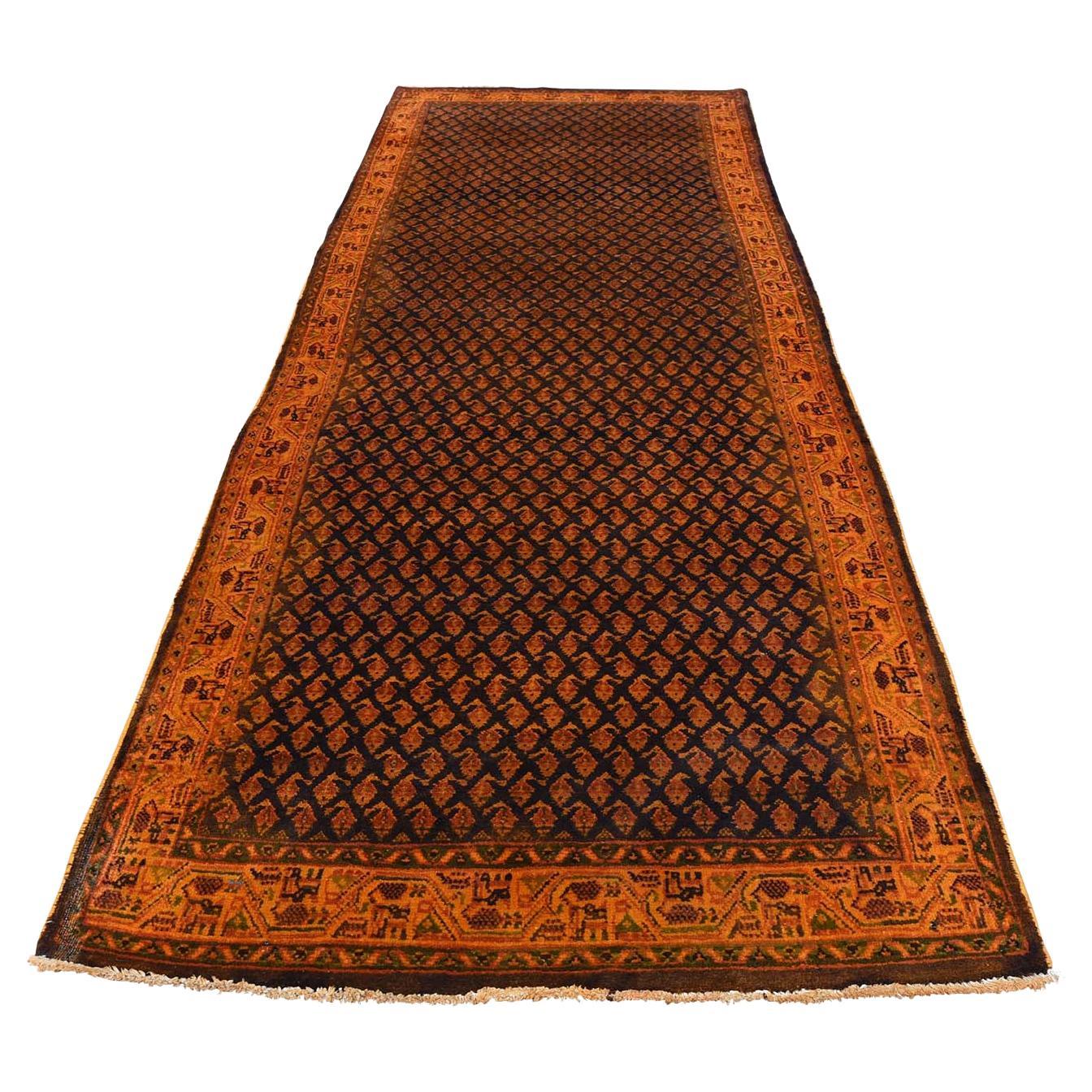 Hand Knotted Vintage Overdyed Persian Bakhtiari Worn Down Wide Runner Wool Rug For Sale at 1stDibs