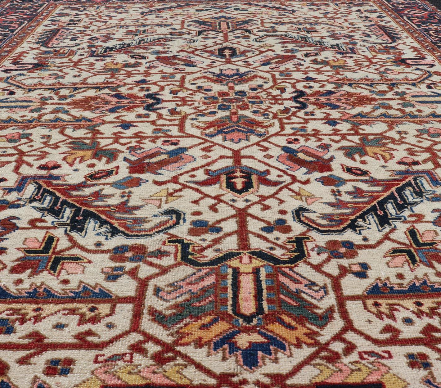 Wool Vintage Hand-Knotted Persian Heriz Rug with All Over Geometric Design For Sale