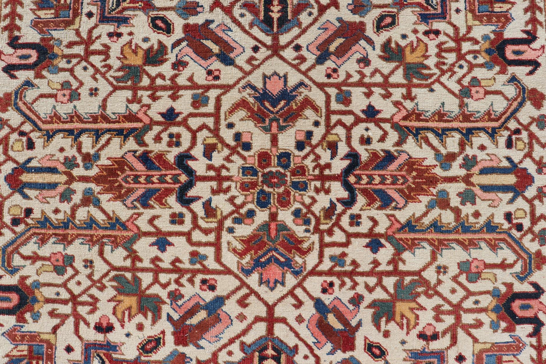 Vintage Hand-Knotted Persian Heriz Rug with All Over Geometric Design For Sale 1
