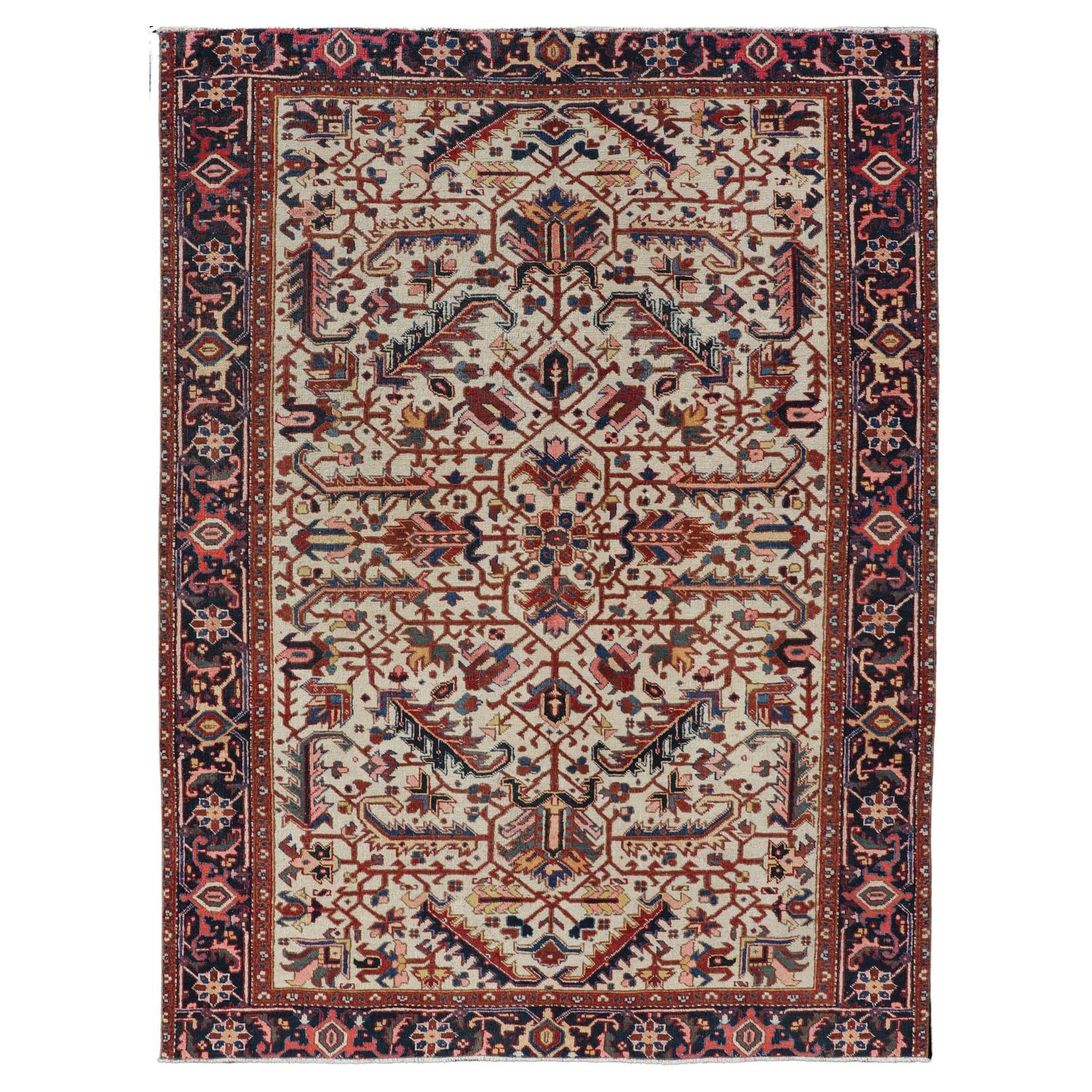 Vintage Hand-Knotted Persian Heriz Rug with All Over Geometric Design For Sale