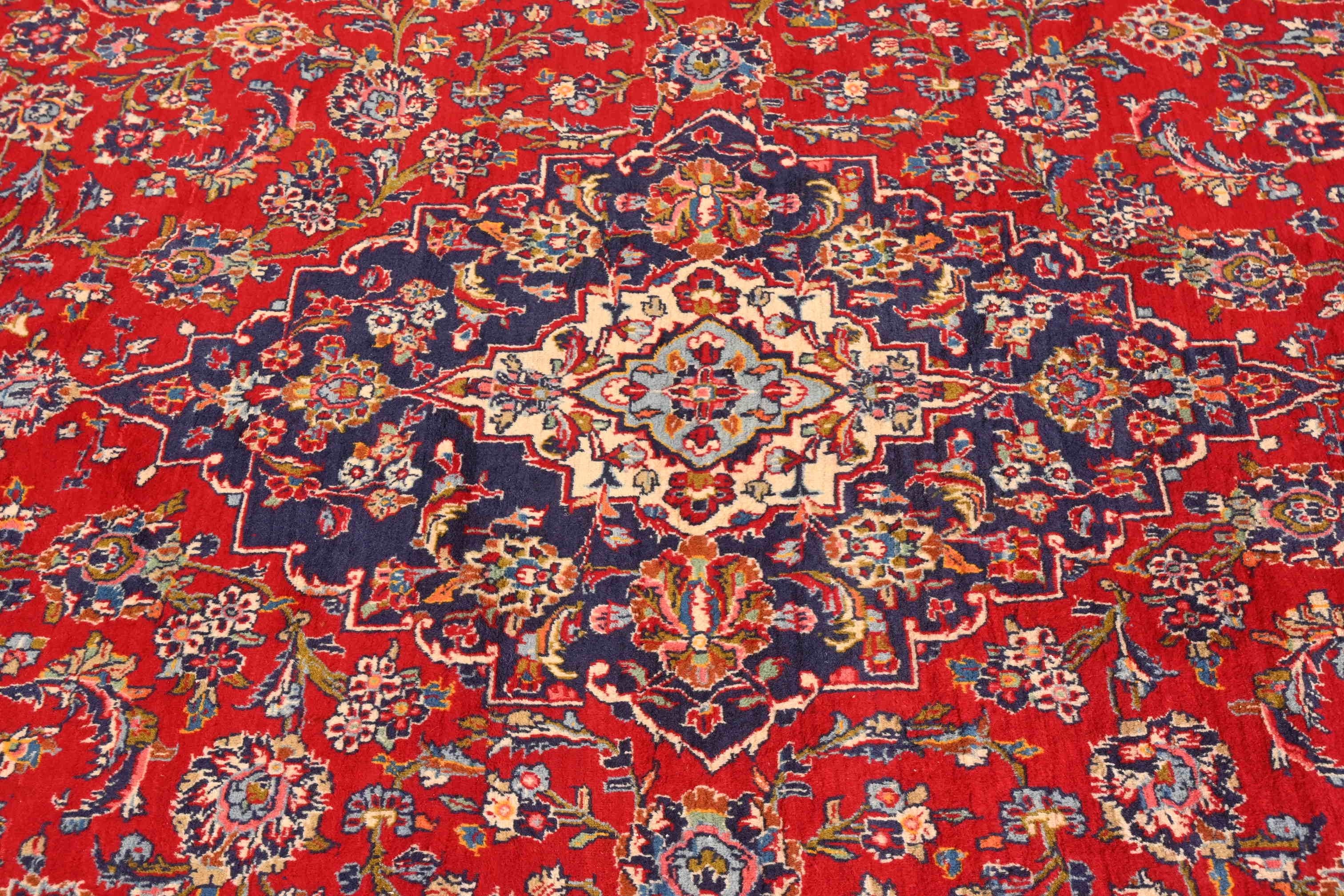 Wool Vintage Hand-Knotted Persian Kashan Room Size Rug For Sale