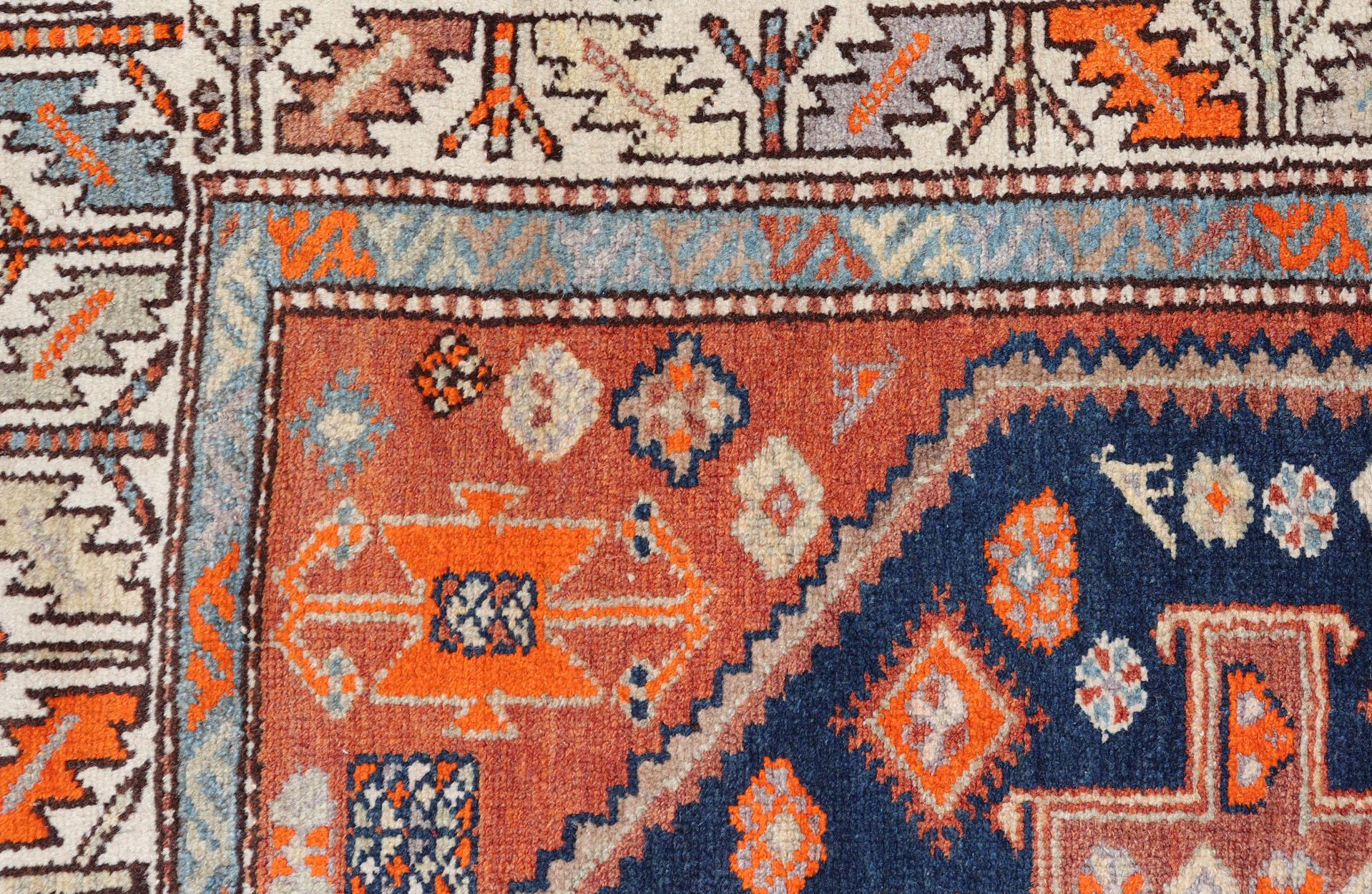 Hand-Knotted Vintage Hand Knotted Persian Malayer Runner with Sub-Geometric Medallion Design For Sale