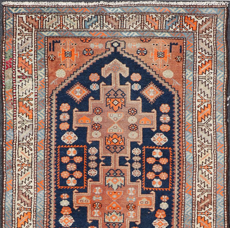 Vintage Hand Knotted Persian Malayer Runner with Sub-Geometric Medallion Design In Good Condition For Sale In Atlanta, GA
