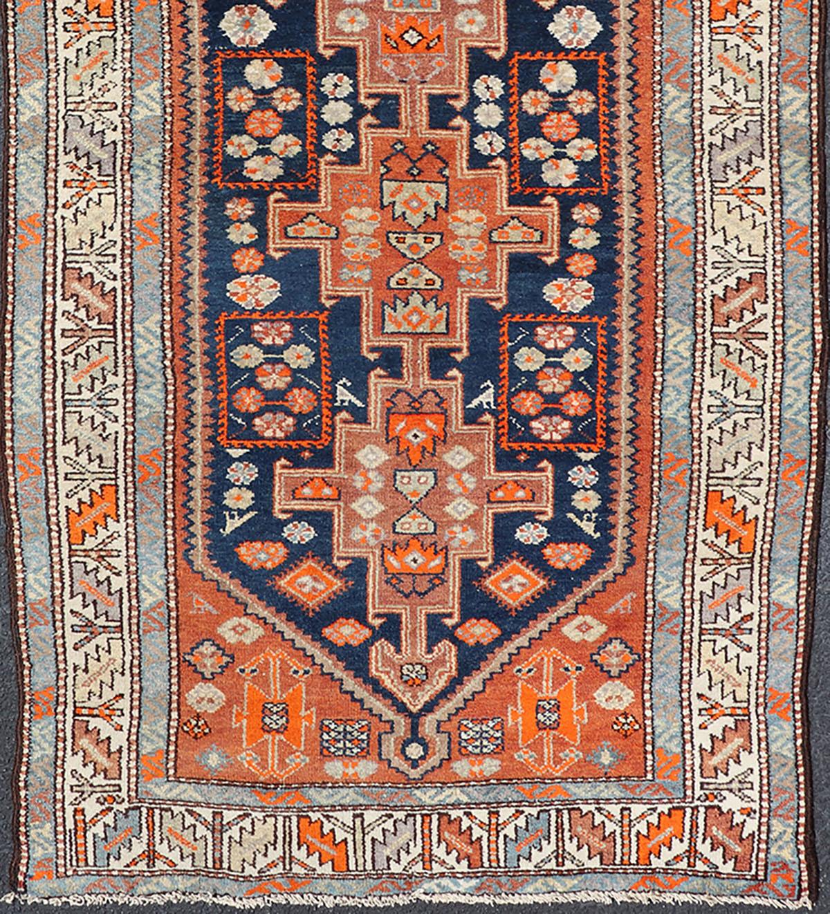 Wool Vintage Hand Knotted Persian Malayer Runner with Sub-Geometric Medallion Design For Sale