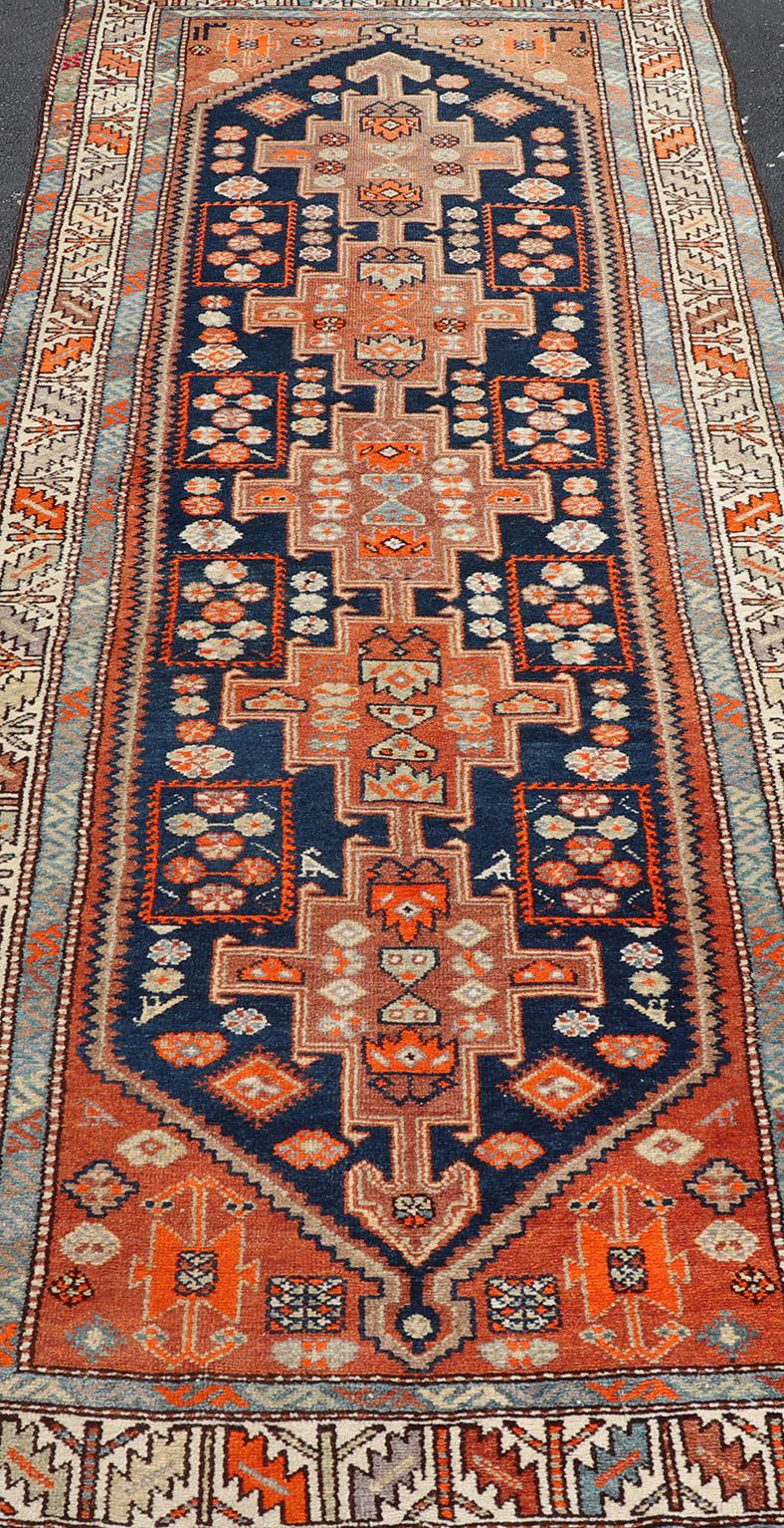 Vintage Hand Knotted Persian Malayer Runner with Sub-Geometric Medallion Design For Sale 1